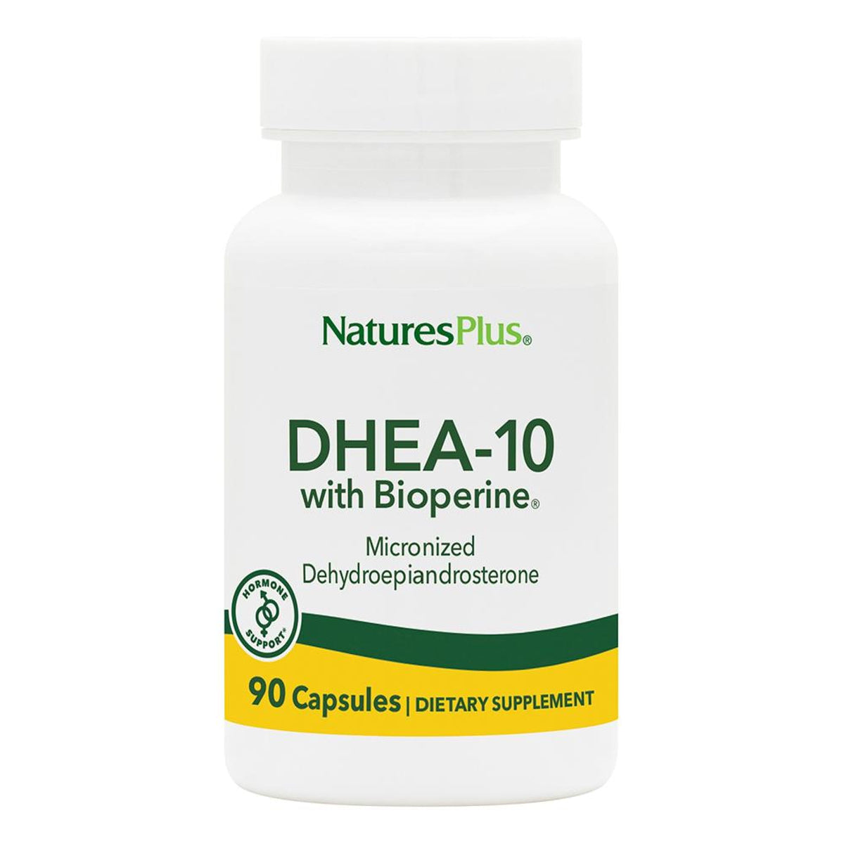 NaturesPlus DHEA-10 frasco frontal mostrando presentación y beneficios