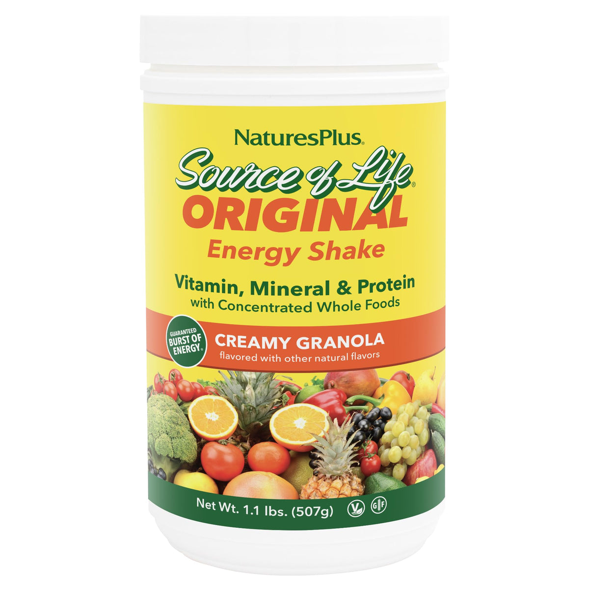 NaturesPlus empaque frontal del Energy Shake mostrando la marca y sabor granola