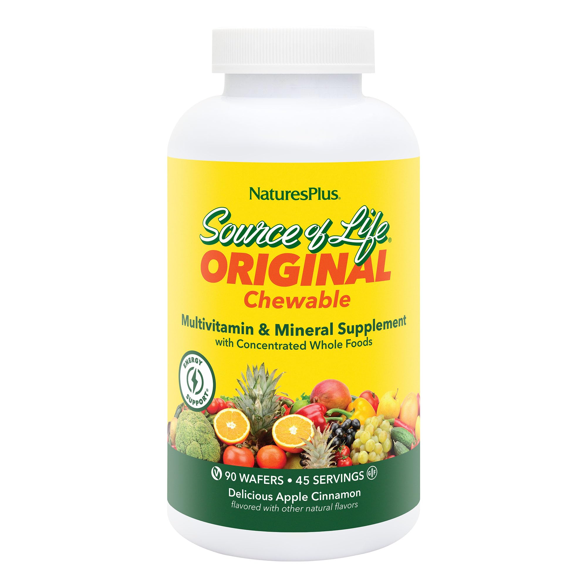 Nature's Plus envase frontal Source of Life masticable muestra 45 porciones y beneficios