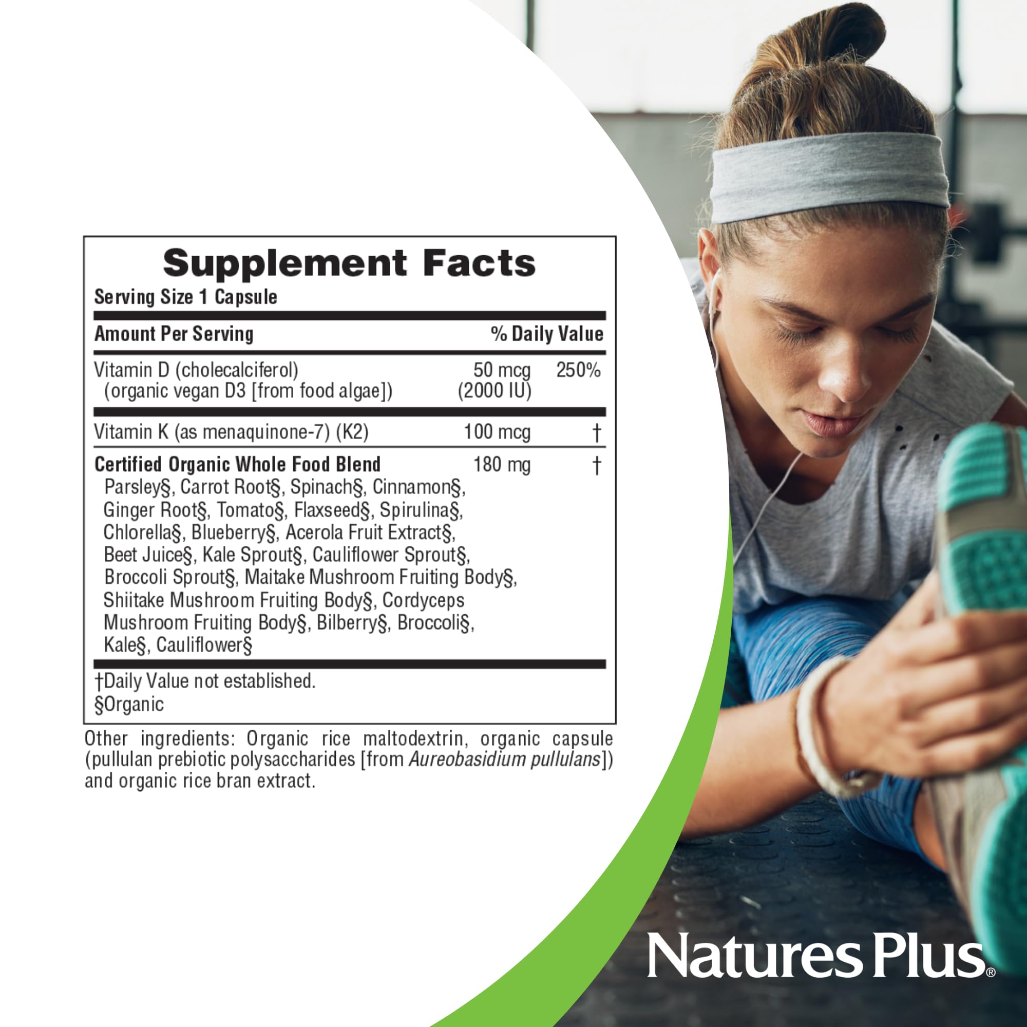 NaturesPlus etiqueta con certificaciones USDA Organic y libre de gluten