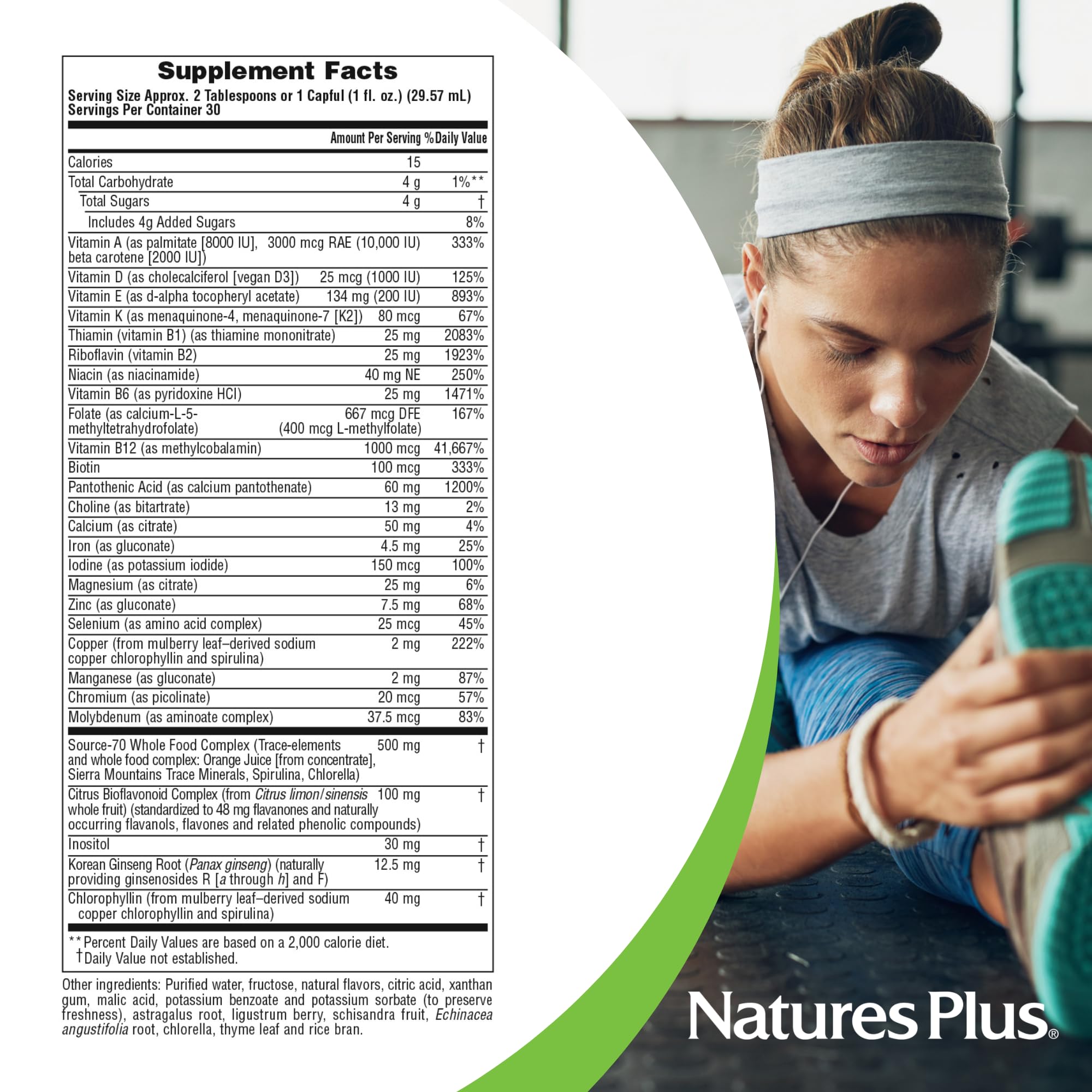 NaturesPlus detalle de la etiqueta con lista de vitaminas, minerales y extractos botánicos