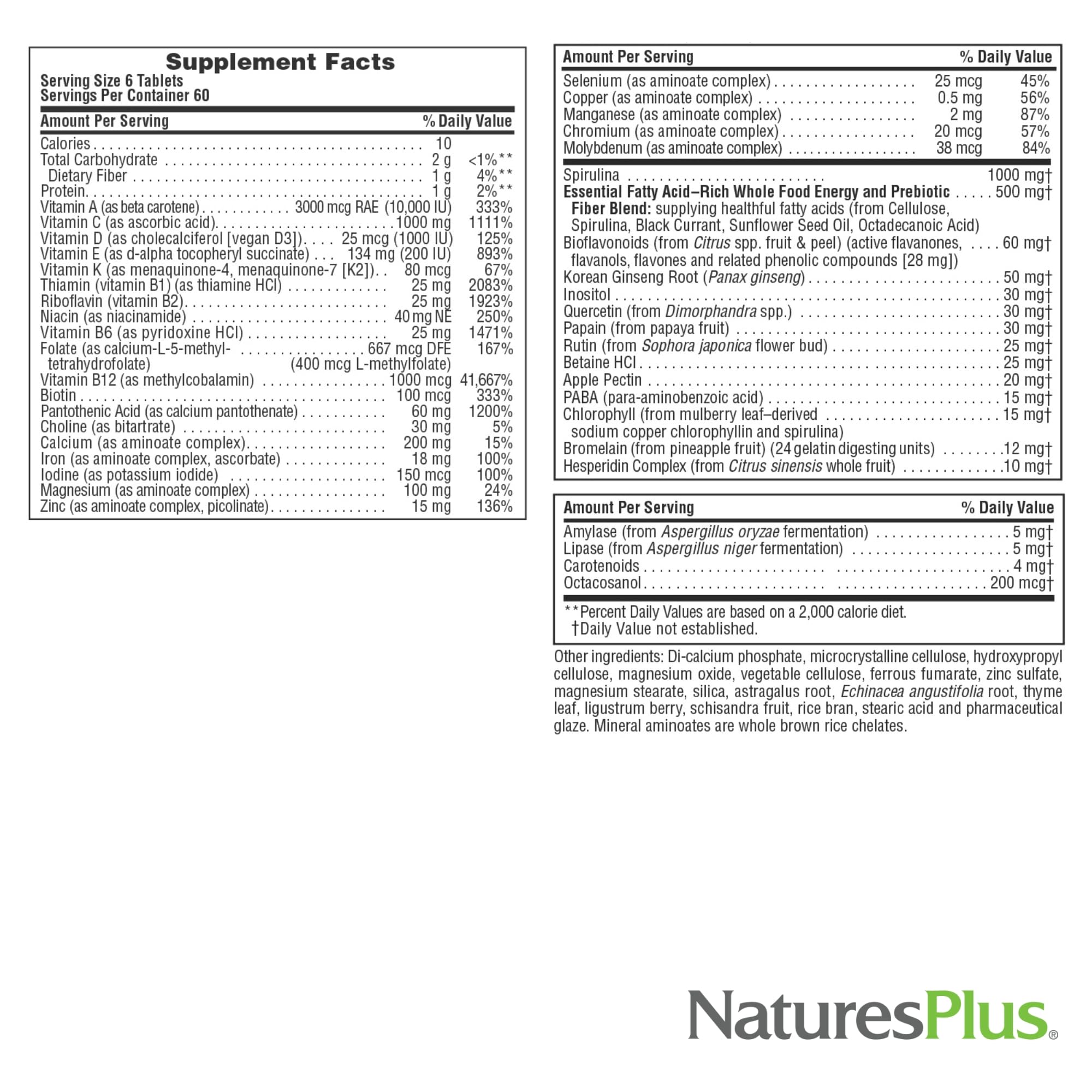 NaturesPlus etiqueta con ingredientes resaltando limpieza y sin alérgenos