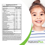 NaturesPlus etiqueta nutricional en primer plano mostrando vitaminas clave y porciones