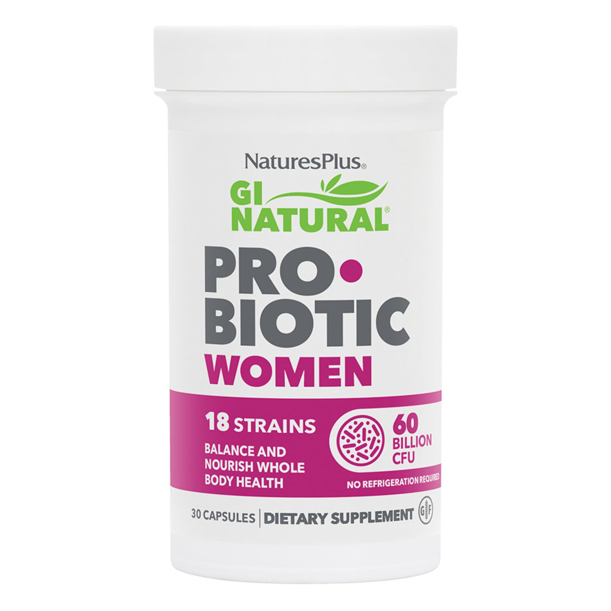 Nature's Plus frasco frontal que muestra etiquetado y beneficios clave