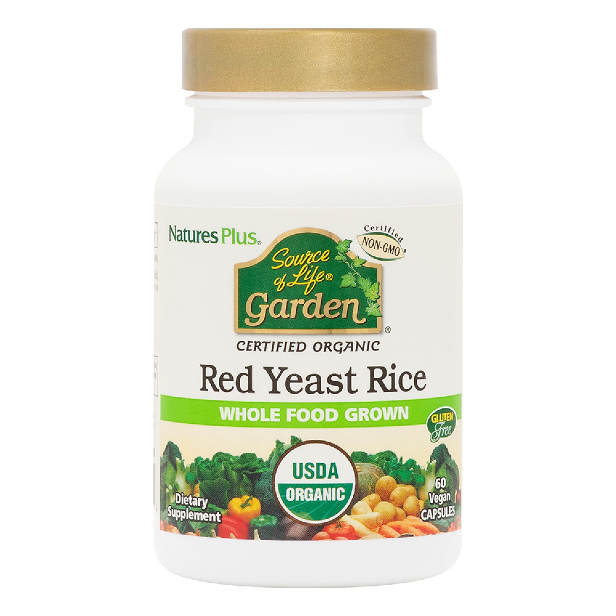 Nature's Plus envase frontal Red Yeast Rice mostrando beneficios y sellos