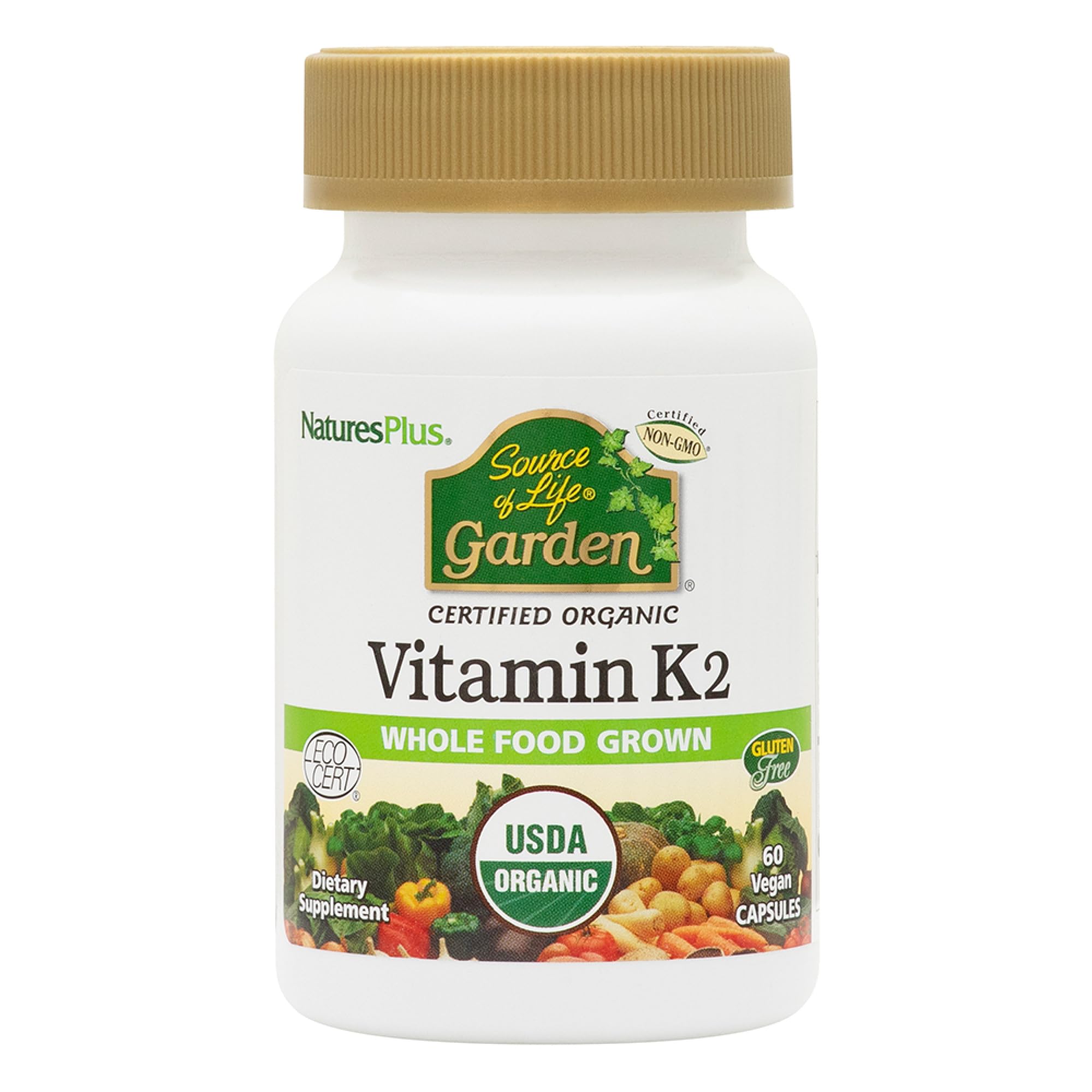NaturesPlus frasco frontal del producto mostrando la vitamina K2 y beneficios orgánicos