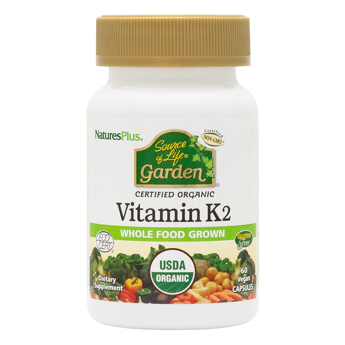 NaturesPlus frasco frontal del producto mostrando la vitamina K2 y beneficios orgánicos