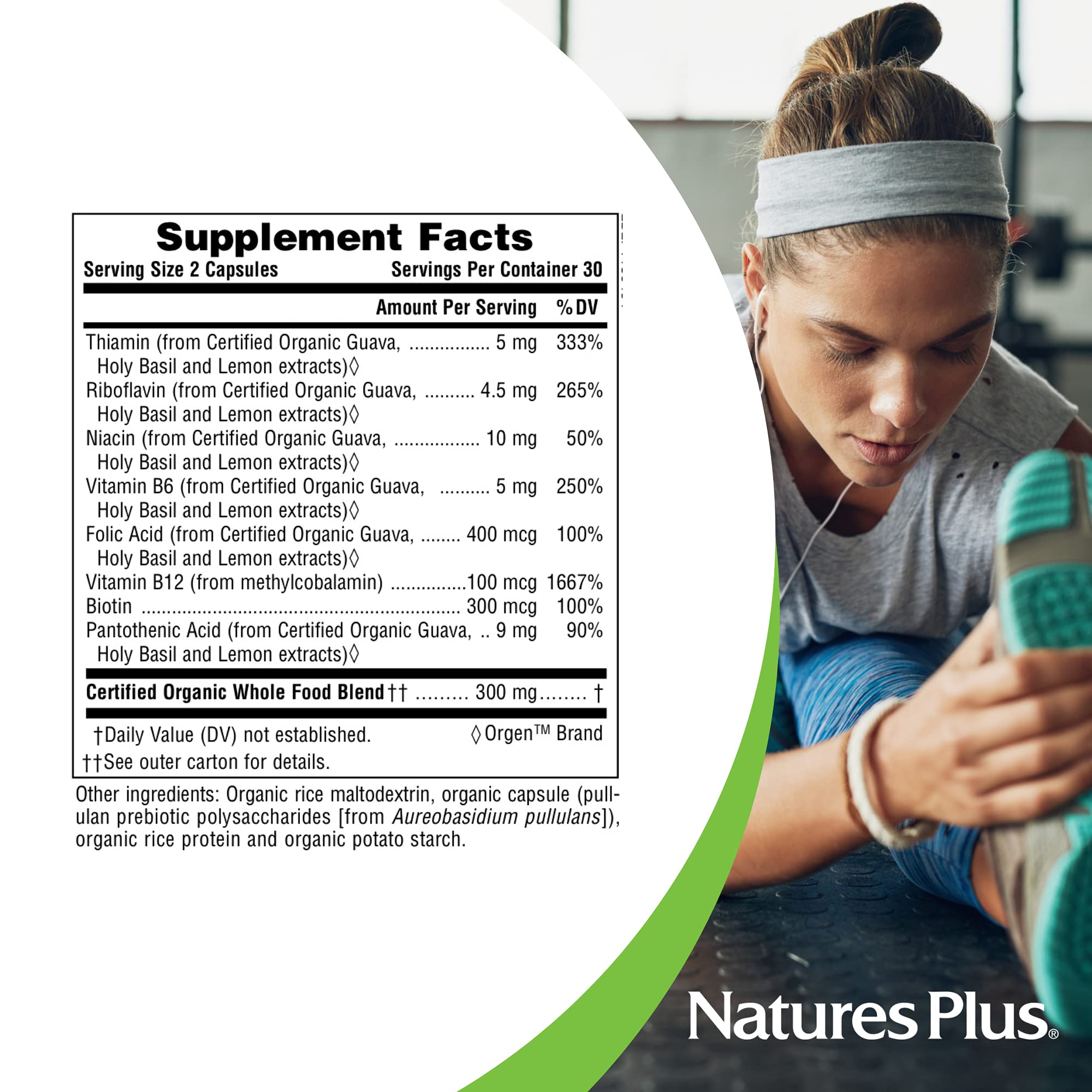 Nature's Plus etiqueta con certificaciones orgánicas y non-GMO claras
