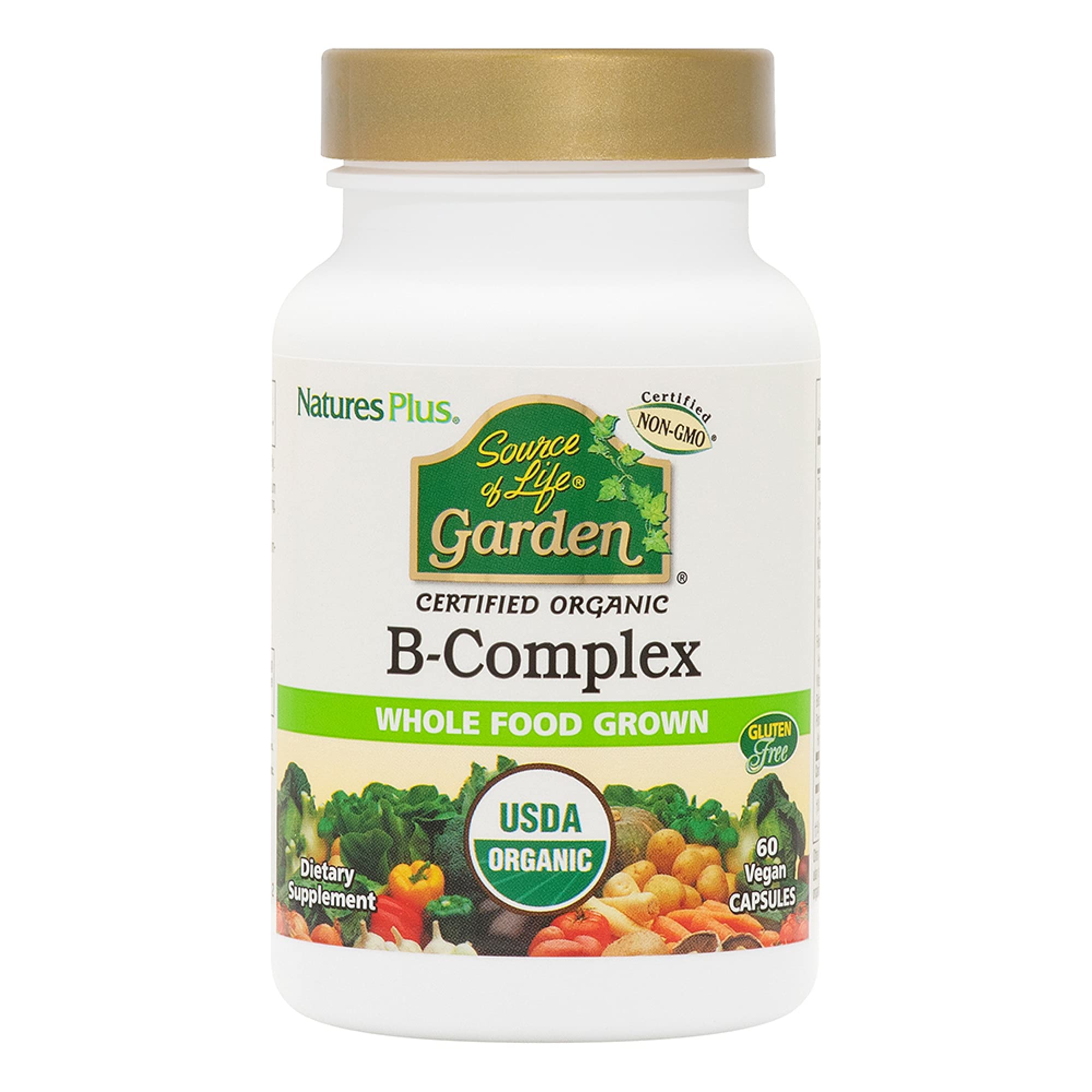 Nature's Plus frasco Garden B-Complex frontal mostrando diseño y tamaño