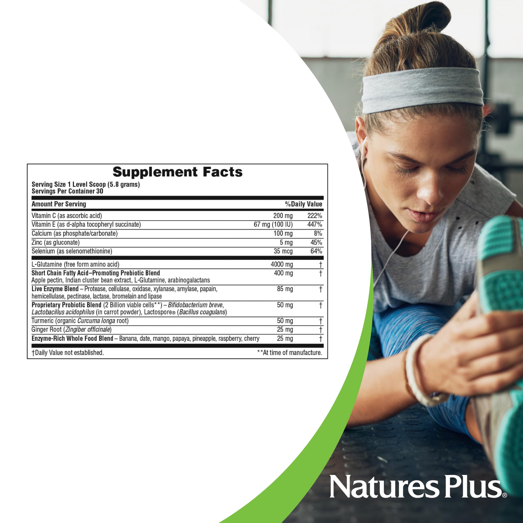Nature's Plus cucharilla con porción y envase para referencia de tamaño