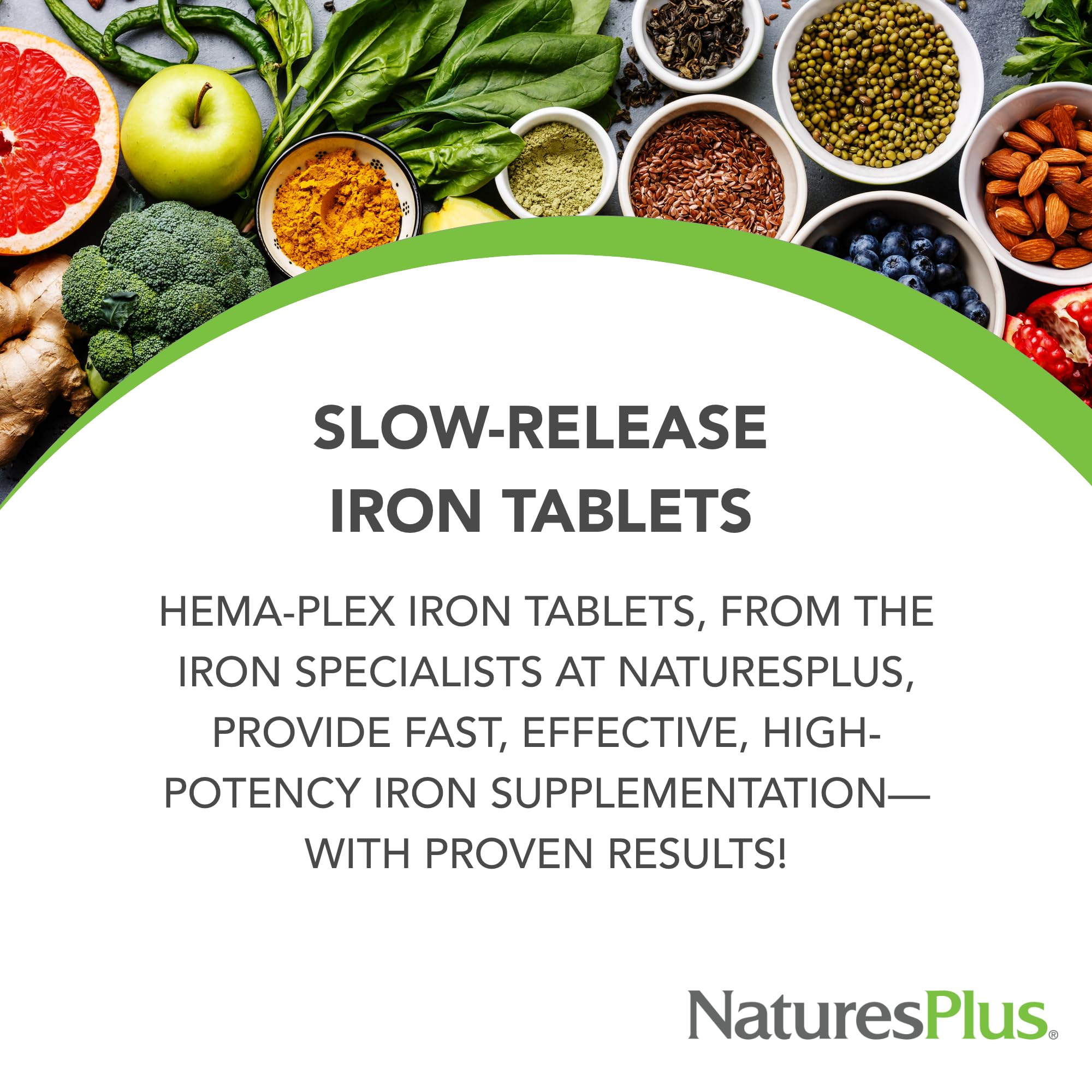NaturesPlus Hema-Plex primer plano tableta liberación lenta, fácil digestión