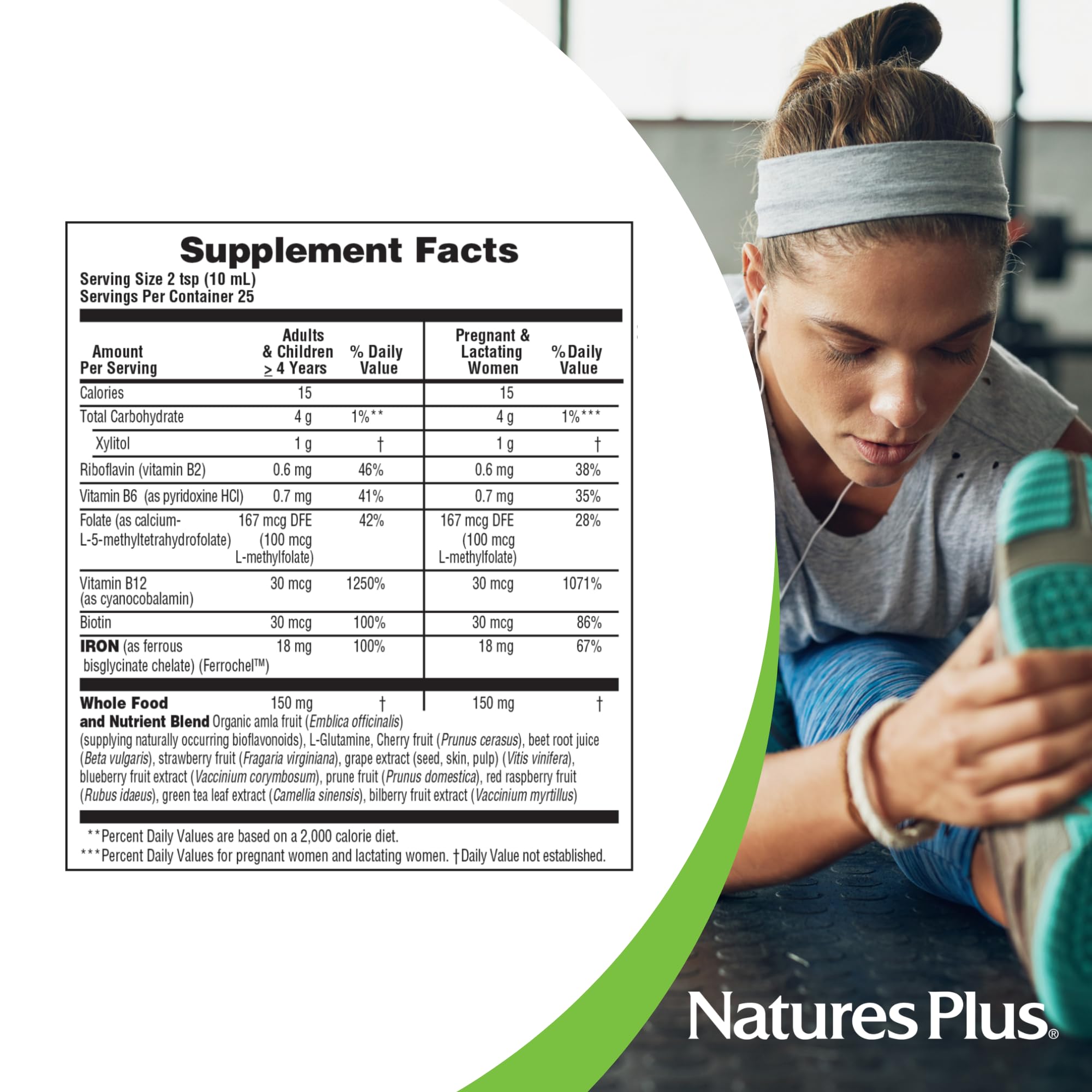 Nature's Plus frasco en mano para comparar tamaño y cantidad de dosis