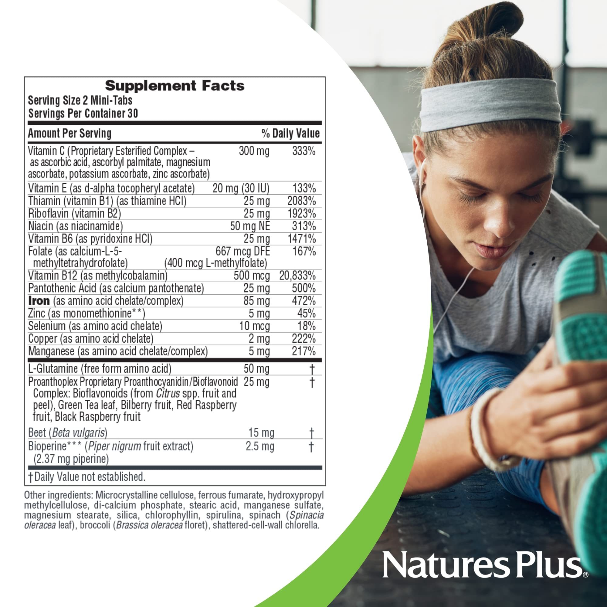NaturesPlus etiqueta nutricional enfocada en hierro y cofactores