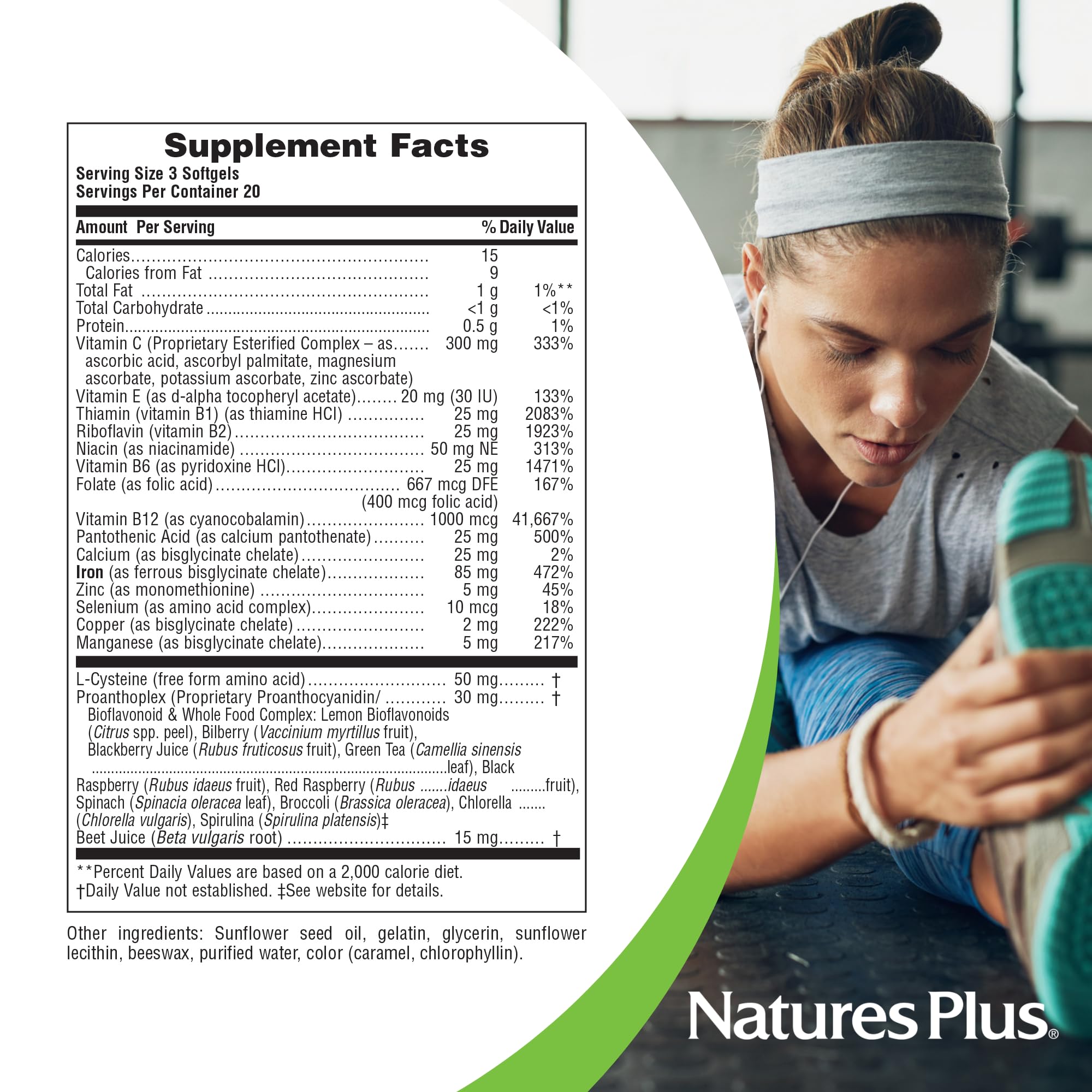 NaturesPlus Hema-Plex cápsula junto a vaso, muestra uso diario práctico y dosificación