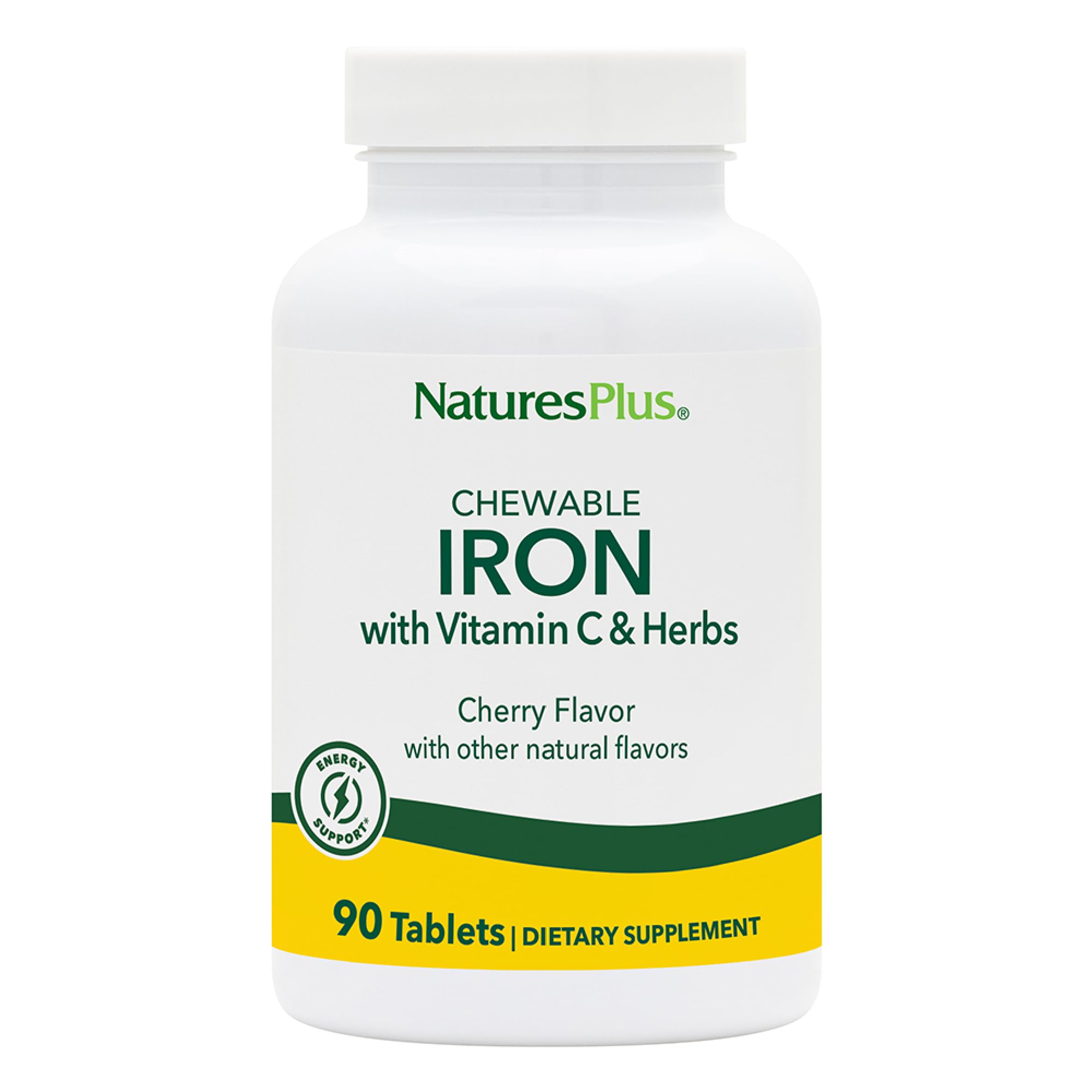 NaturesPlus frasco frontal mostrando hierro masticable y beneficio de conveniencia