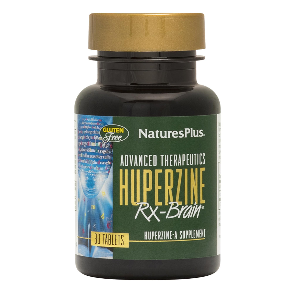 Nature's Plus envase frontal mostrando Huperzine Rx-Brain y beneficios claros