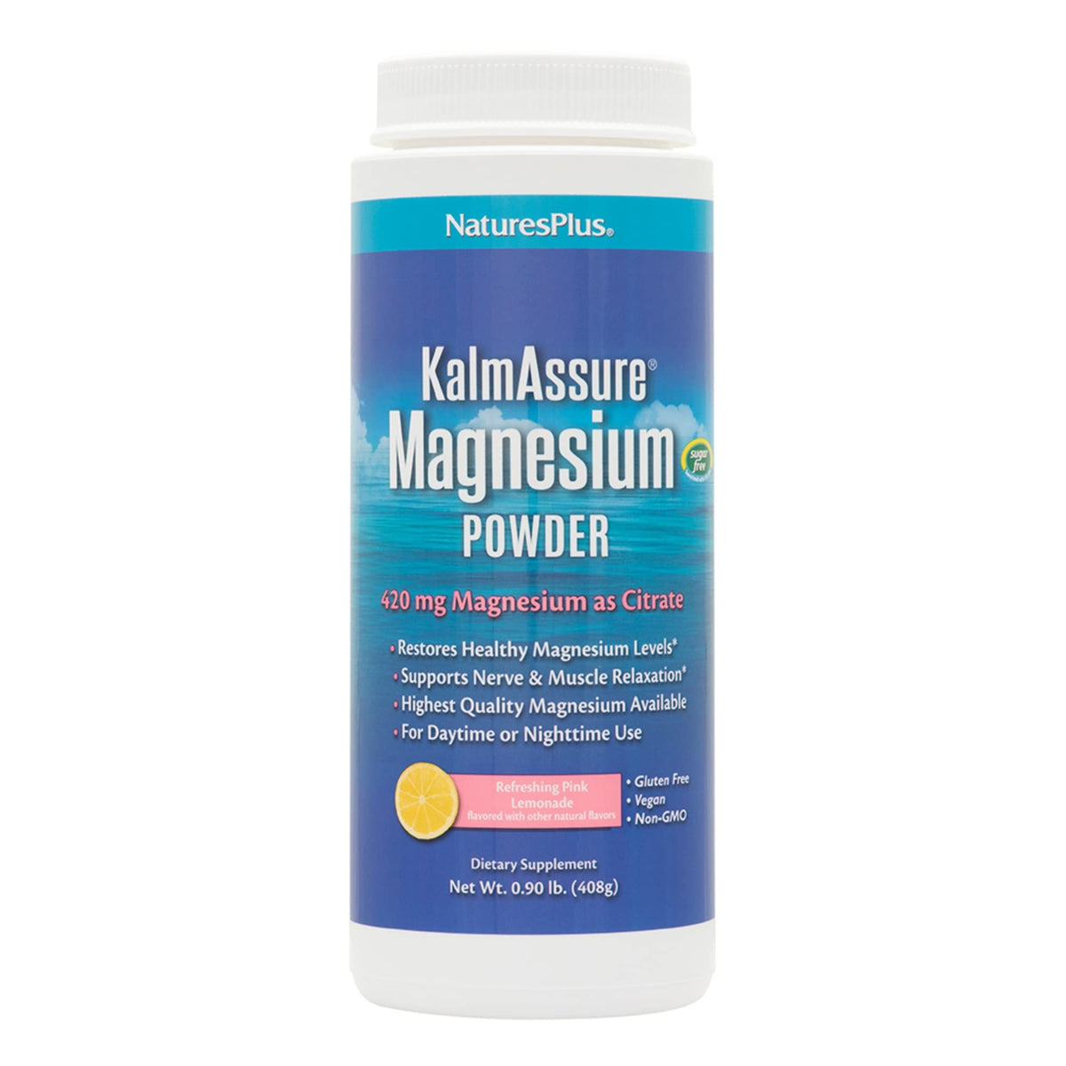 Nature's Plus frasco frontal de KalmAssure magnesio con beneficio de fácil consumo