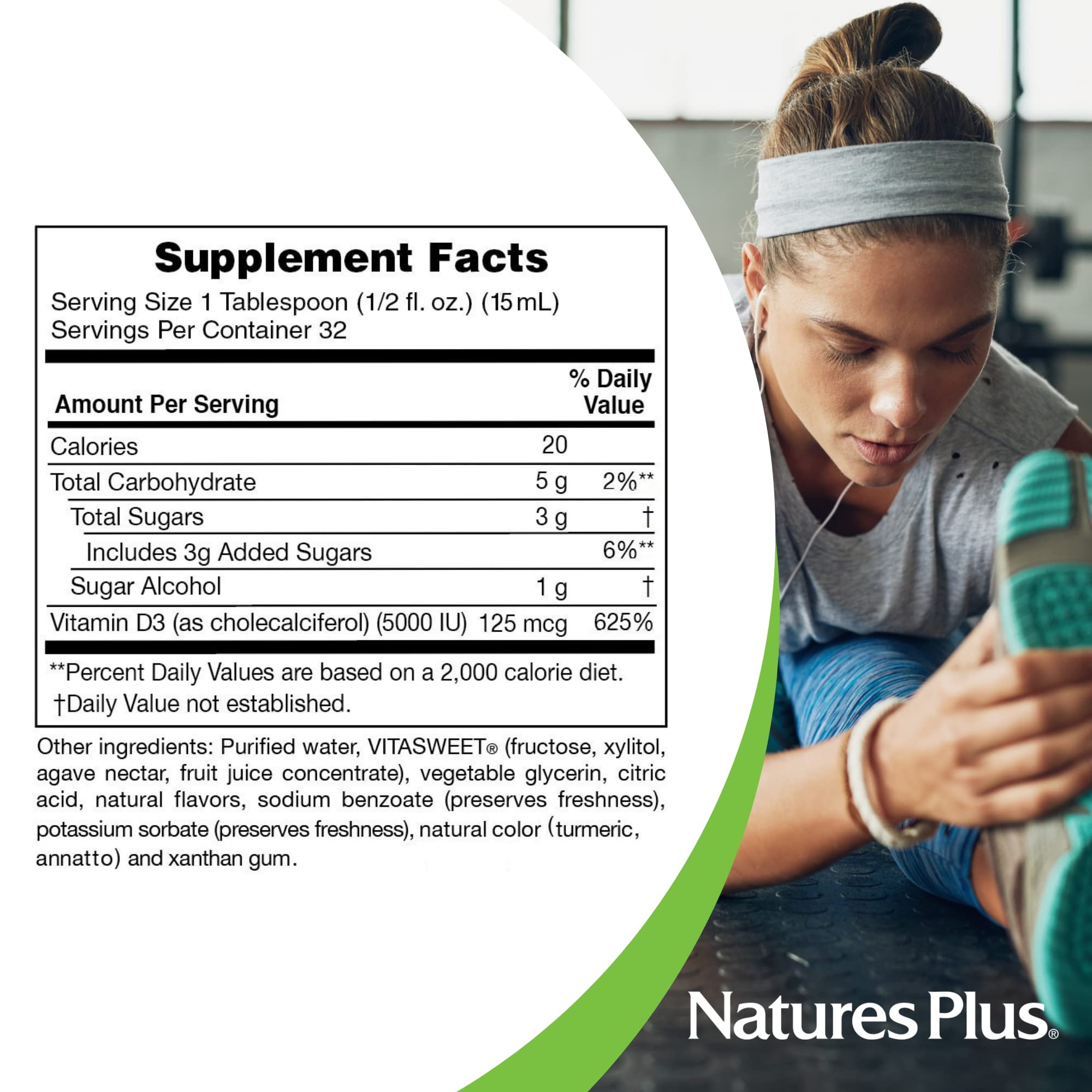NaturesPlus etiqueta nutricional visible, informa sobre 5000 IU por porción