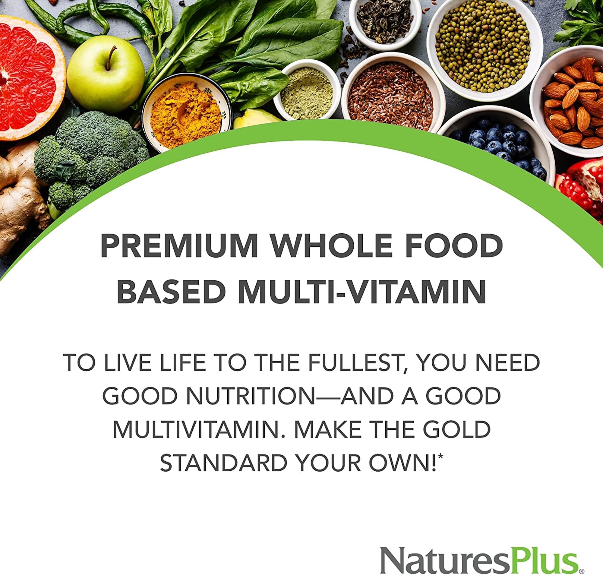 NaturesPlus etiqueta con lista de ingredientes y vitaminas destacadas