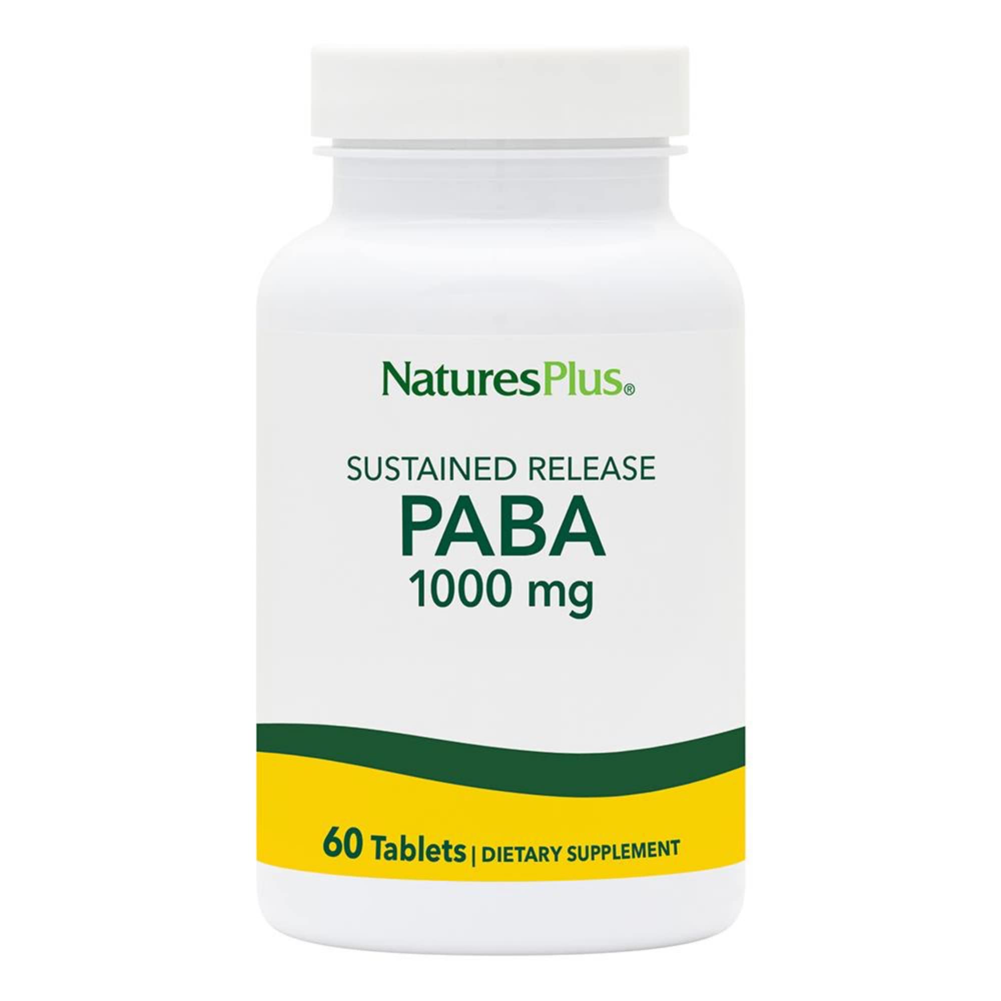 NaturesPlus envase frontal claro mostrando la fórmula PABA y beneficio de apoyo cutáneo
