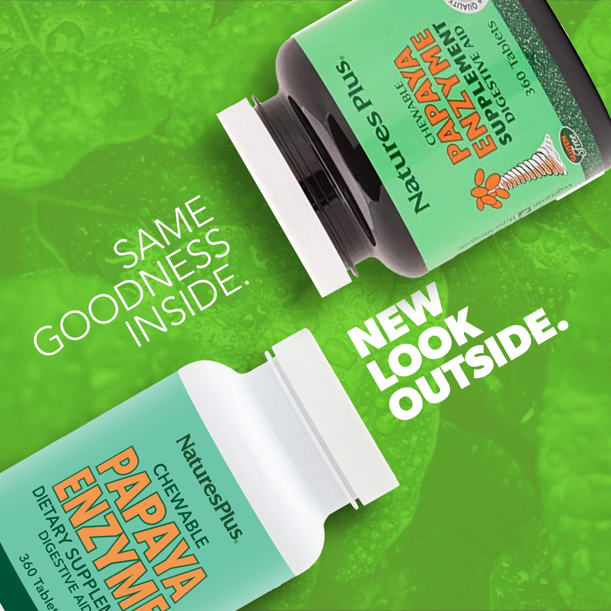 NaturesPlus primer plano de tabletas masticables, beneficio facilidad de uso