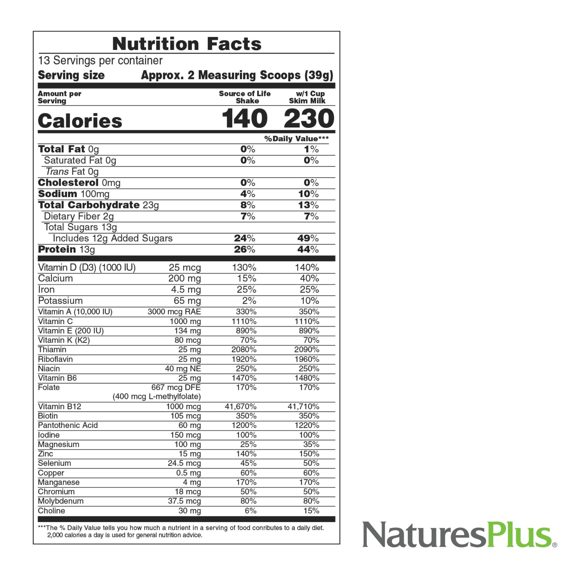 NaturesPlus cucharada con porción de polvo para medir 13 g de proteína por servicio