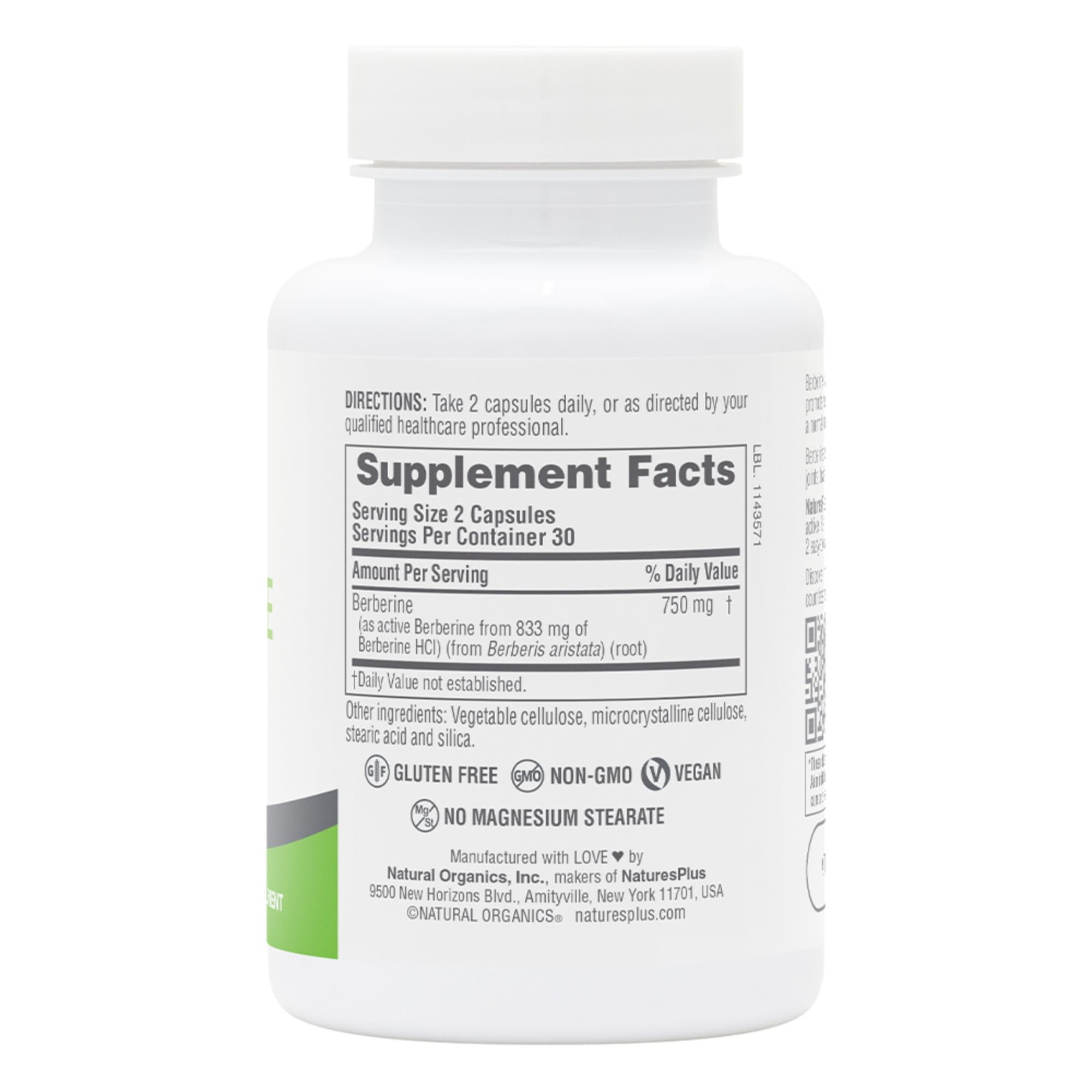 NaturesPlus PRO Berberine etiqueta lateral con datos de calidad y fabricación confiable