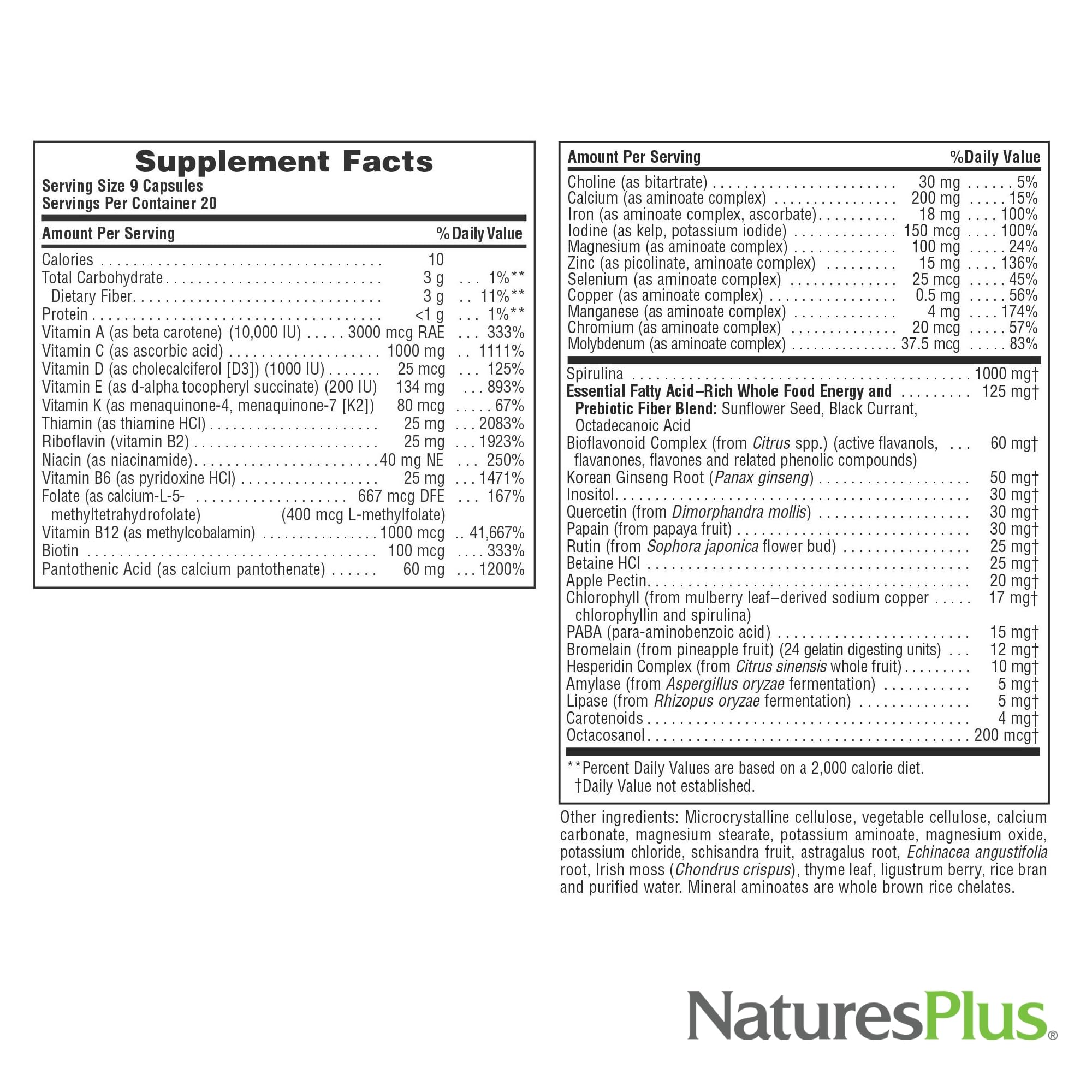 NaturesPlus etiqueta Source of Life lista de vitaminas y declaraciones sin alérgenos