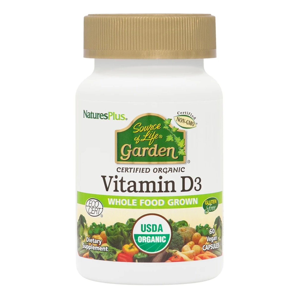 NaturesPlus frasco frontal mostrando etiqueta orgánica y beneficio de confianza