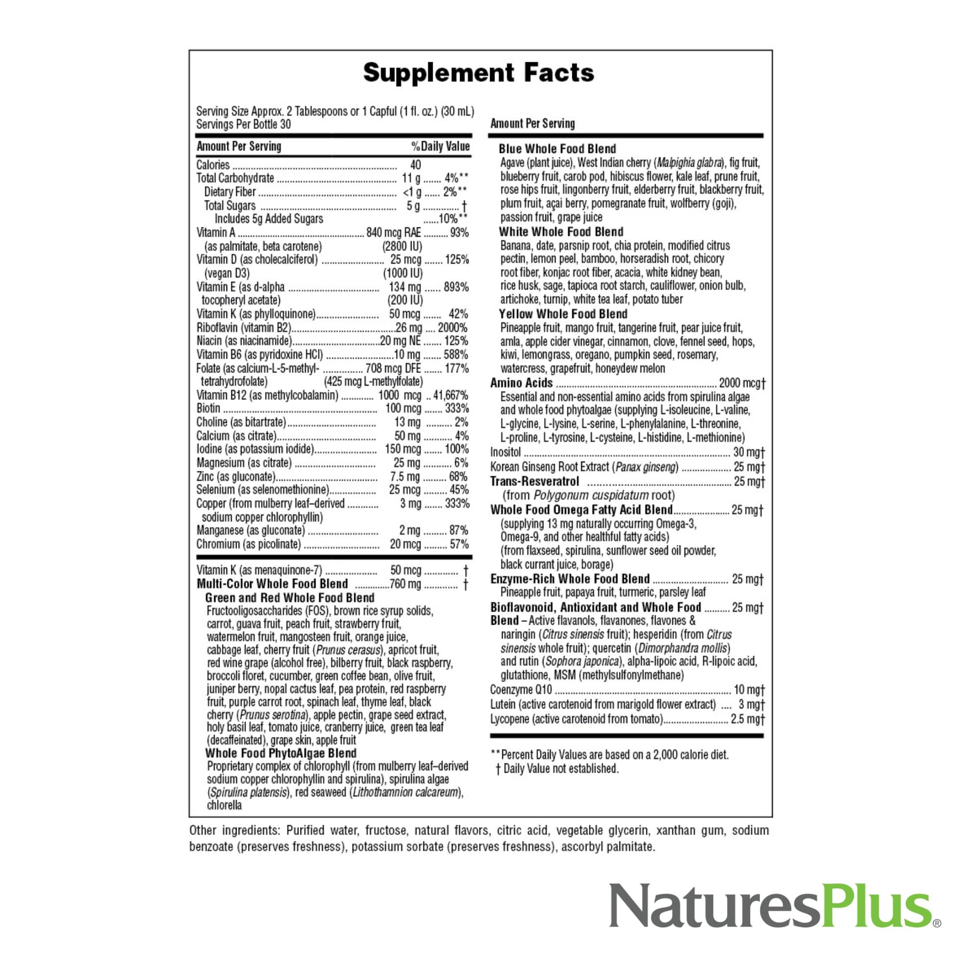 NaturesPlus etiqueta en primer plano indicando D3, B12 y K2 como beneficio