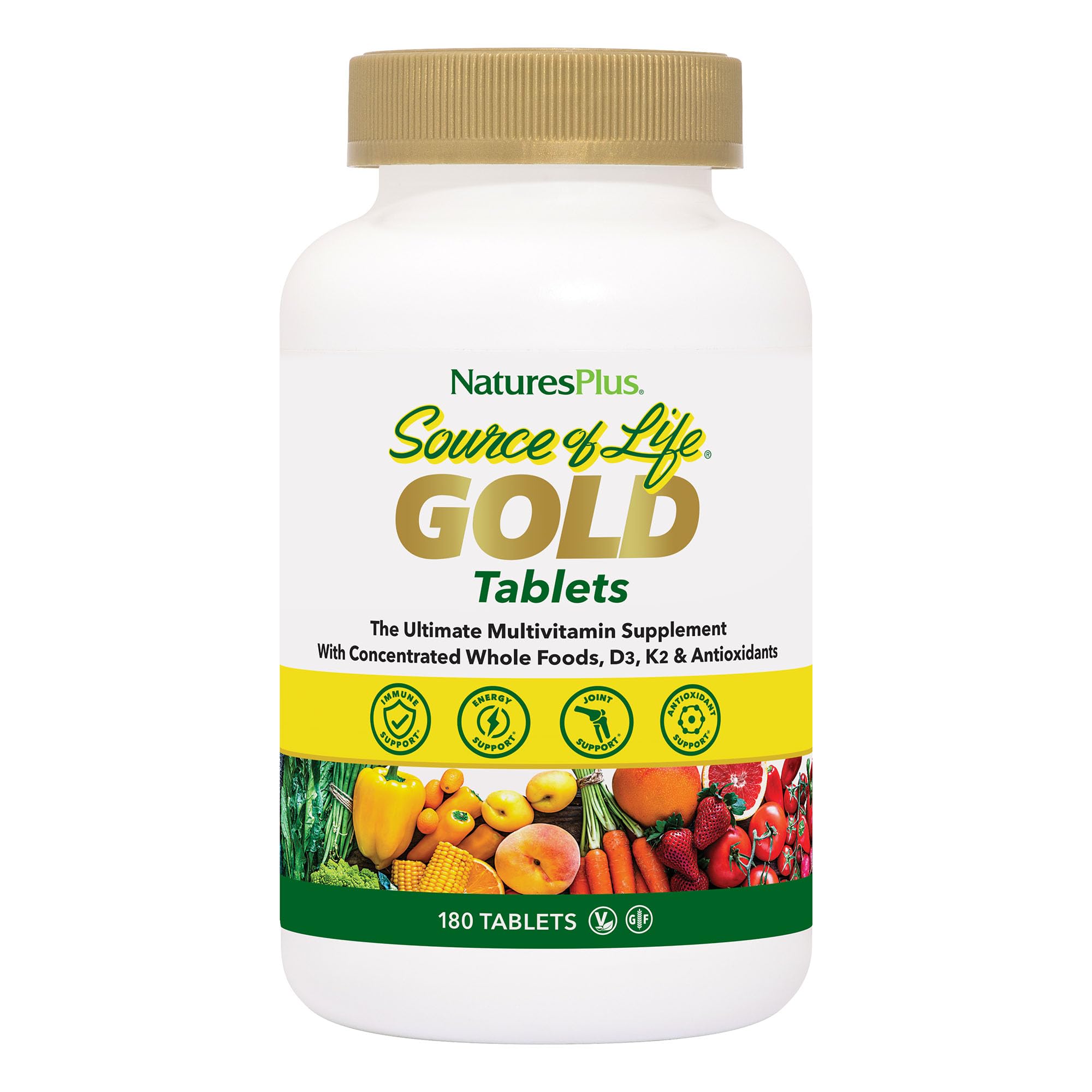 NaturesPlus frasco Source of Life GOLD mostrando el frente, claridad del producto