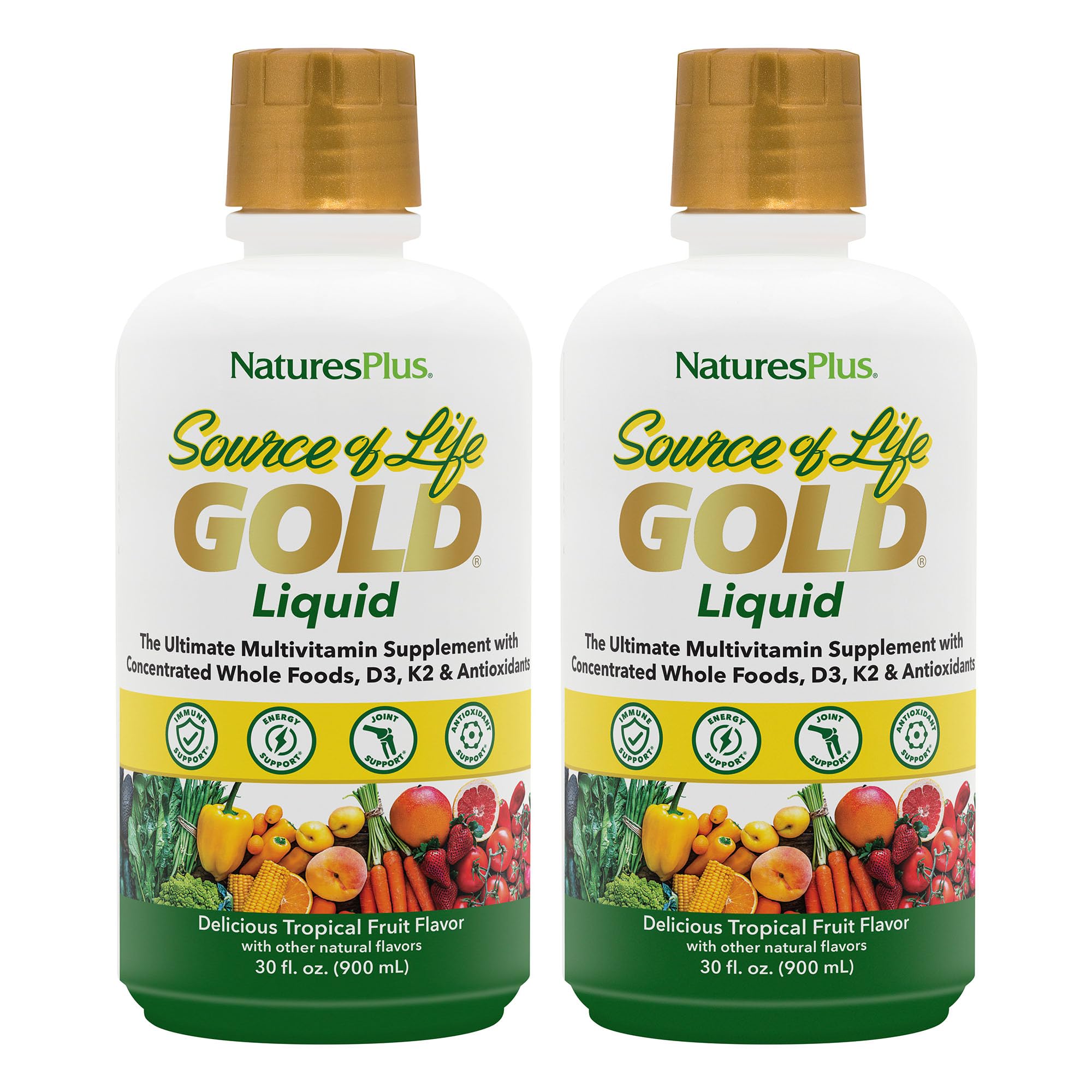 NaturesPlus frasco frontal del multivitamínico líquido mostrando el envase y beneficios visibles