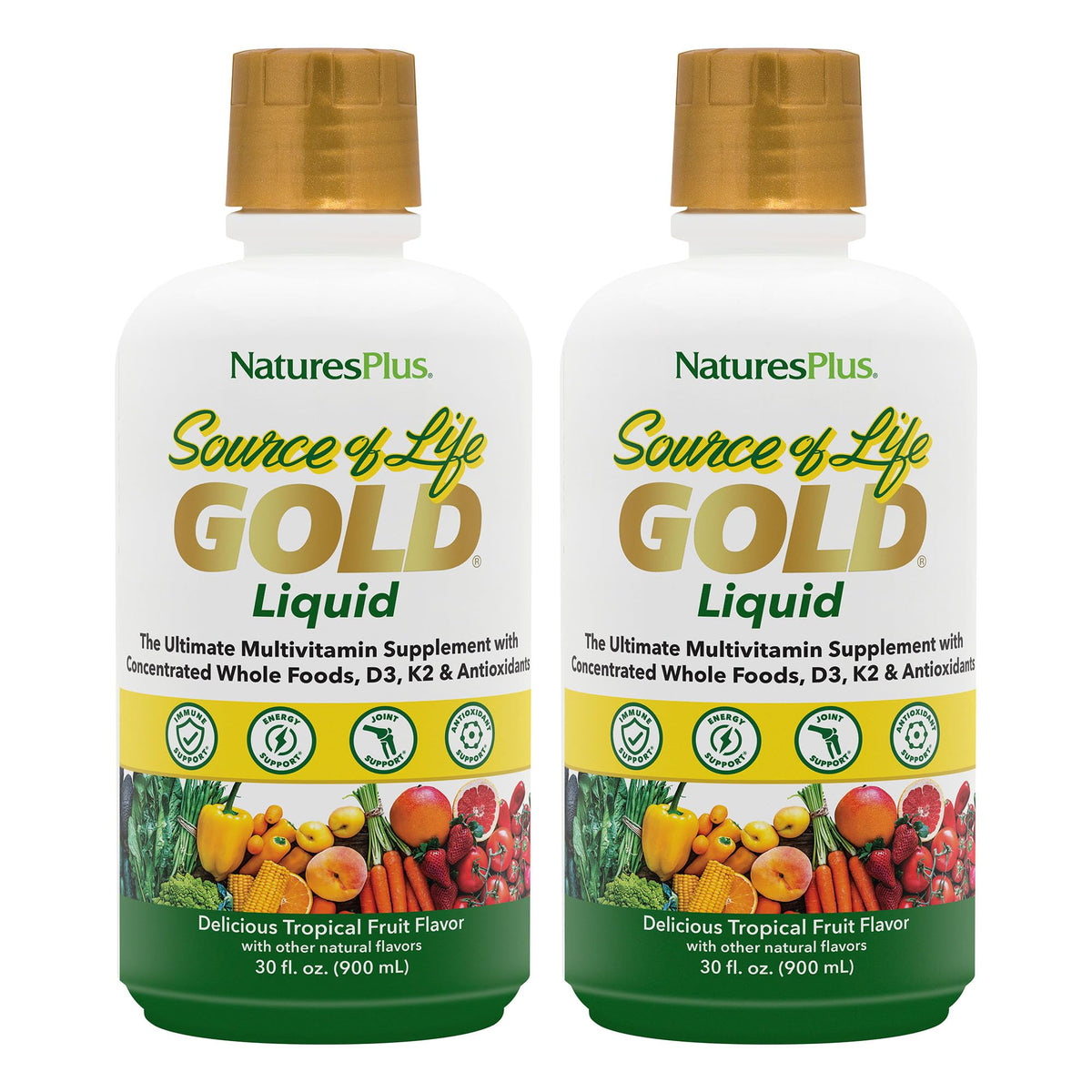 NaturesPlus frasco frontal del multivitamínico líquido mostrando el envase y beneficios visibles