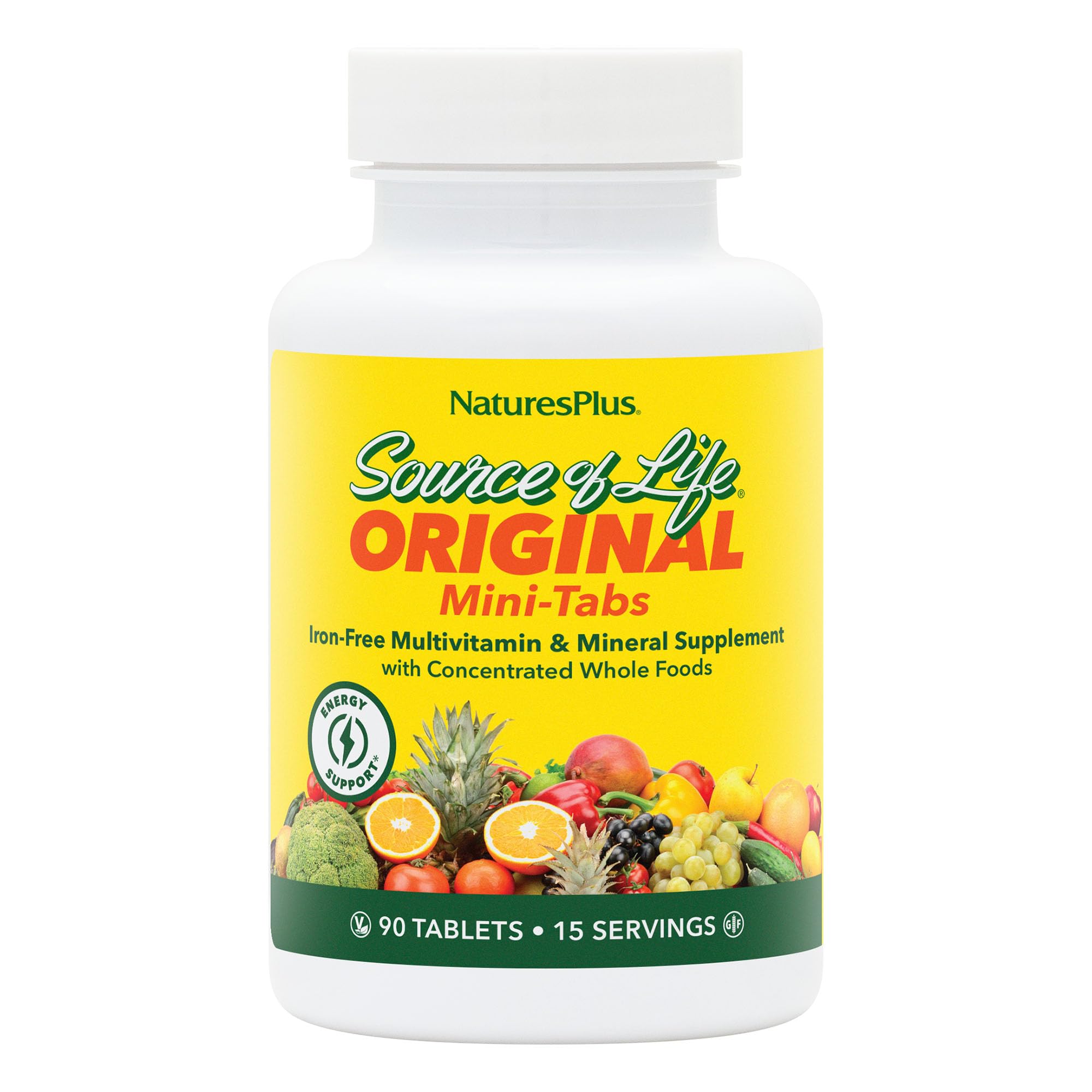NaturesPlus envase frontal mostrando 90 mini-tabs y beneficio conveniencia
