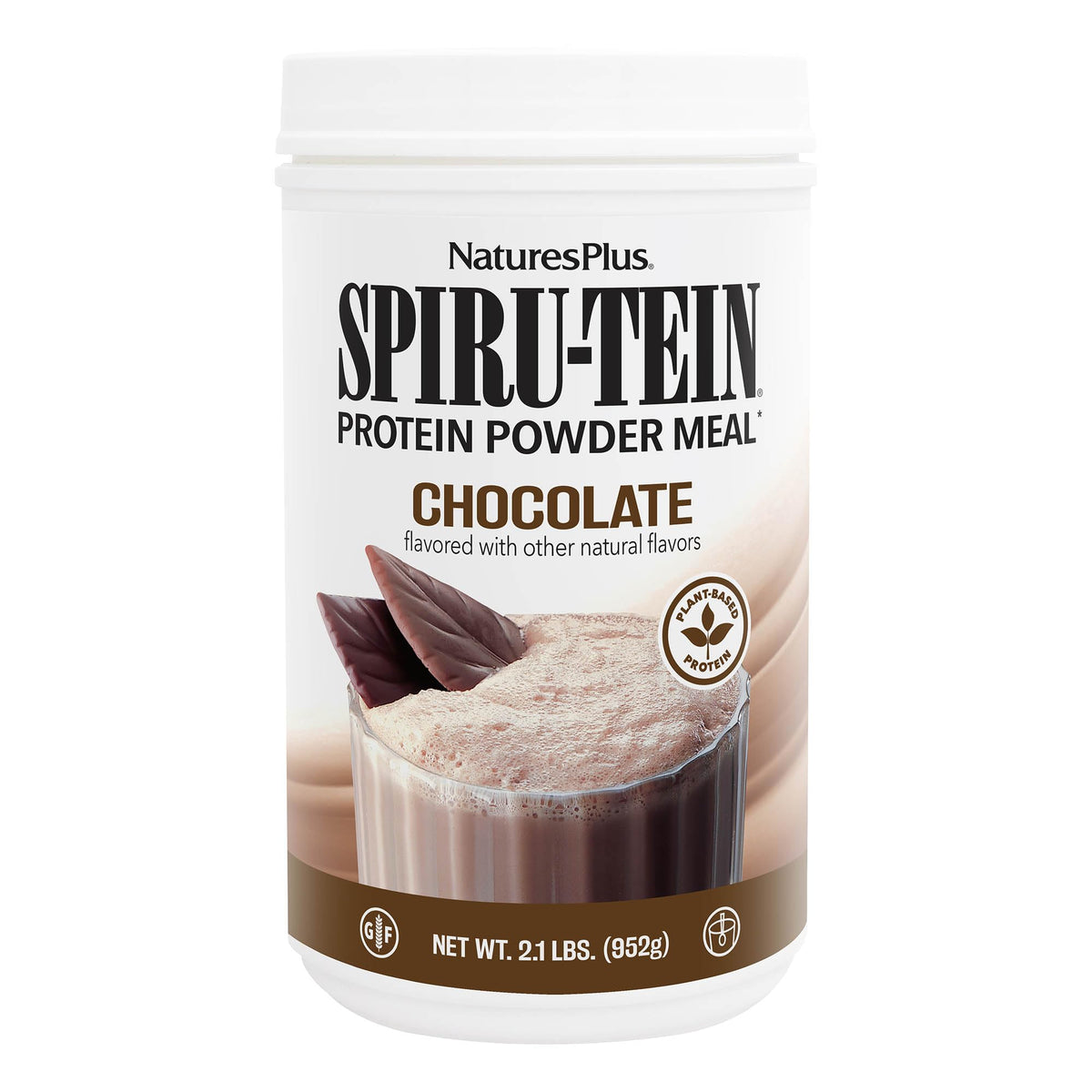 NaturesPlus SPIRU-TEIN frente del empaque mostrando el sabor chocolate y beneficios