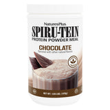 NaturesPlus SPIRU-TEIN frontal del envase mostrando el sabor chocolate y beneficios