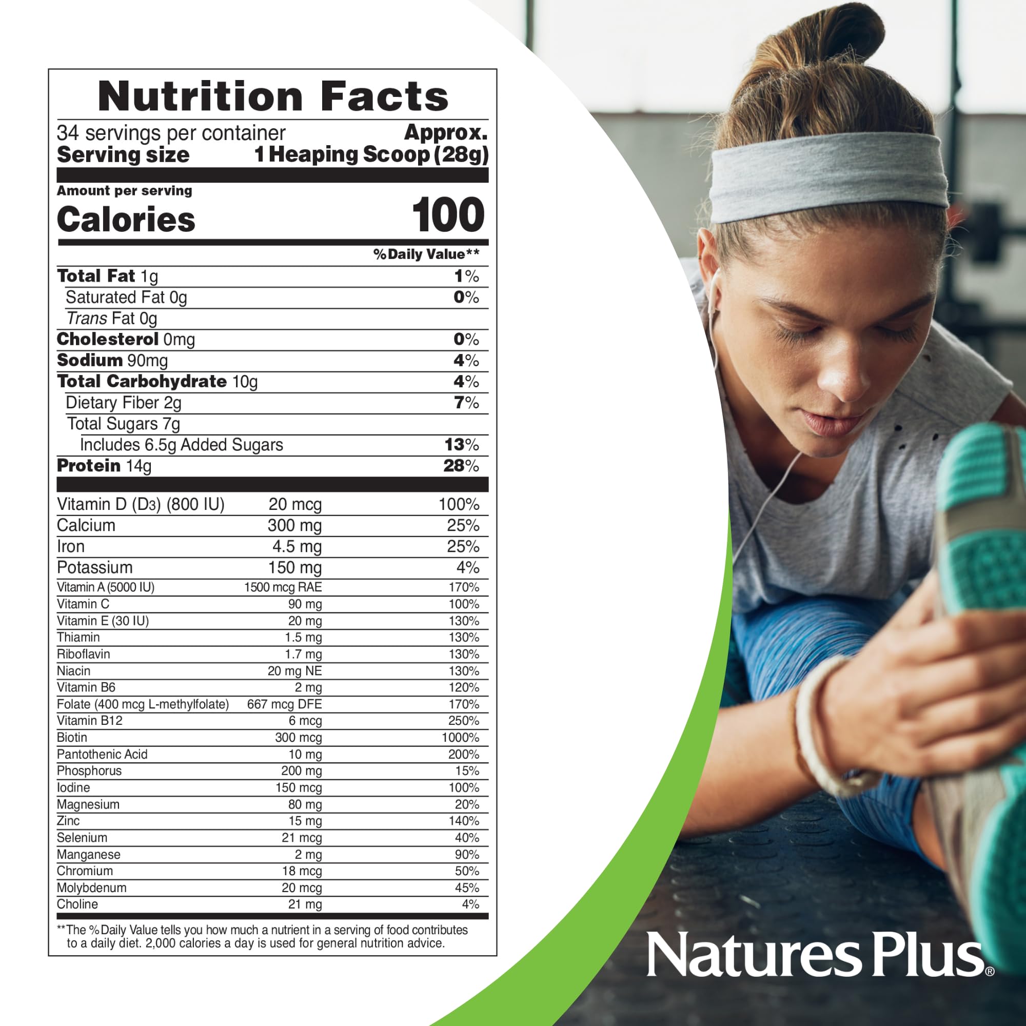 NaturesPlus SPIRU-TEIN etiqueta con lista de ingredientes y vitaminas visibles