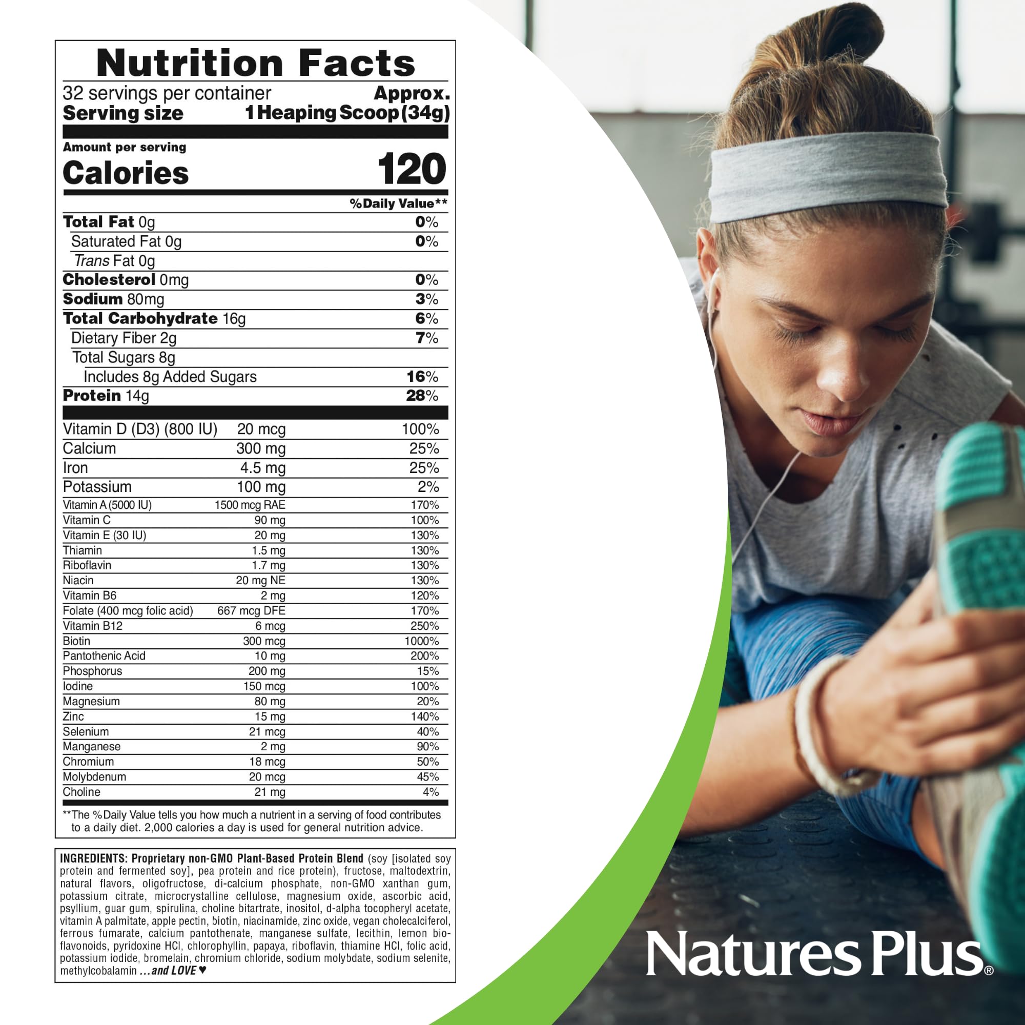 NaturesPlus etiqueta nutricional de SPIRU-TEIN con vitaminas y minerales