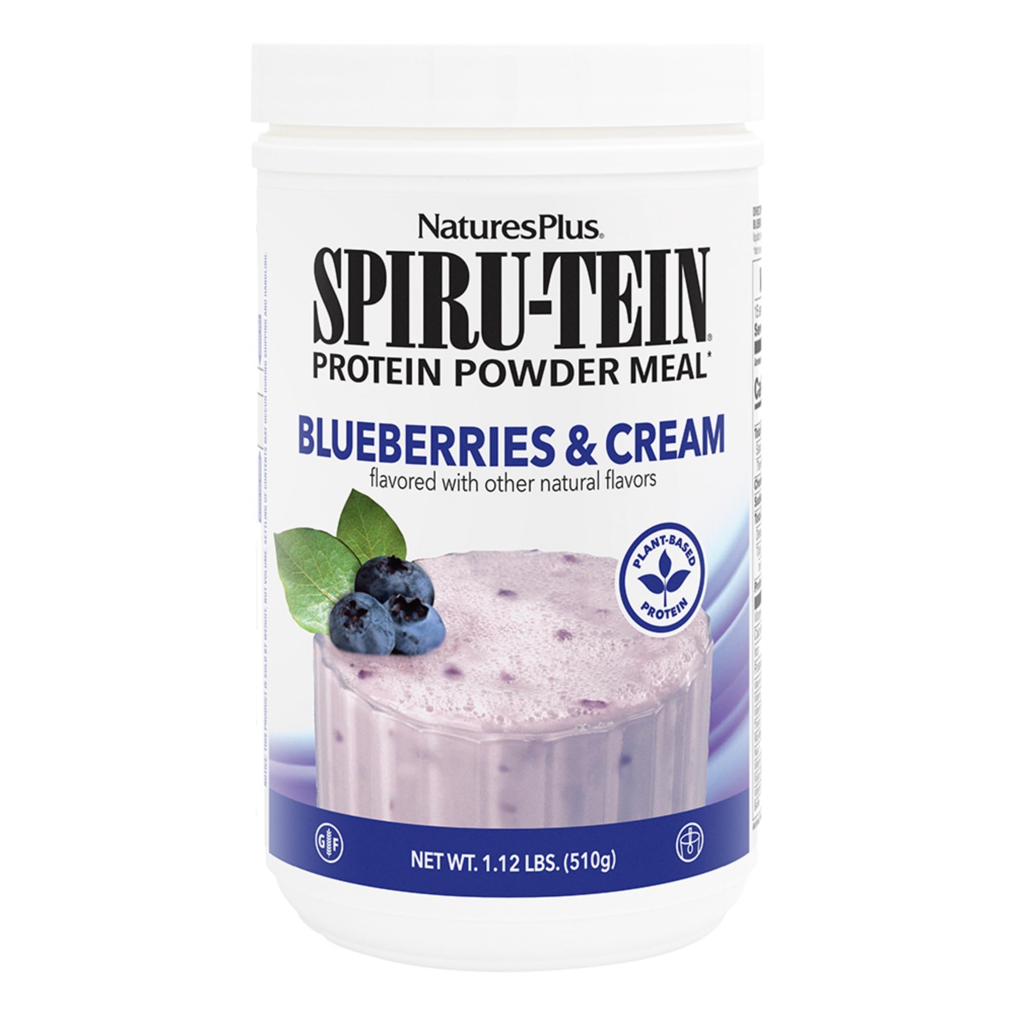 NaturesPlus envase SPIRU-TEIN Blueberries & Cream, presentación y beneficio nutricional
