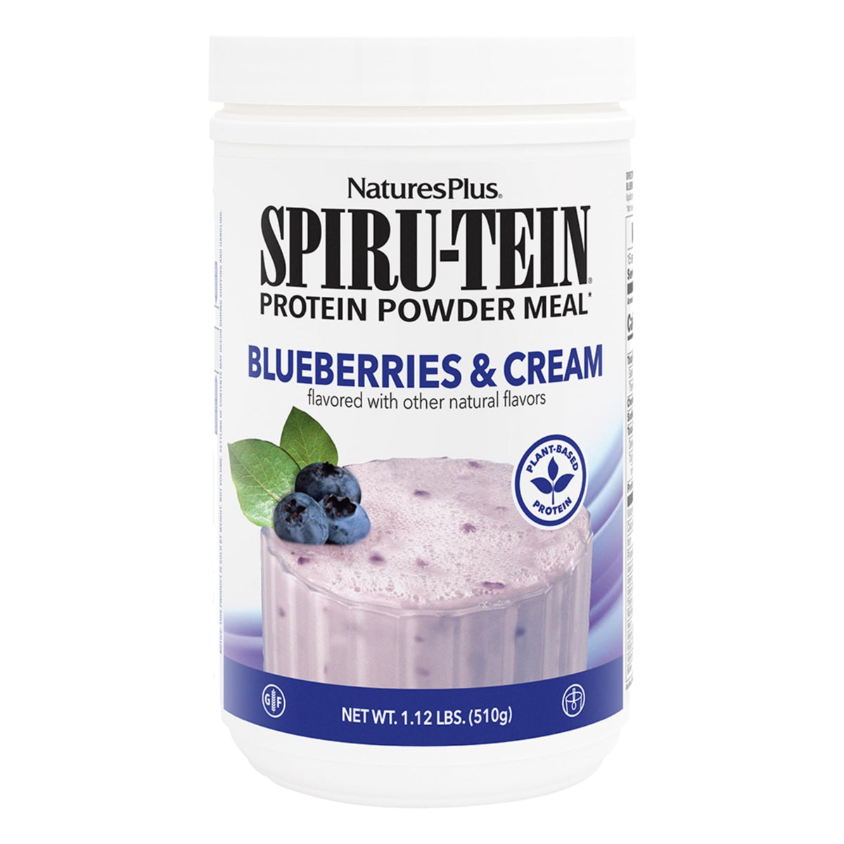 NaturesPlus envase SPIRU-TEIN Blueberries & Cream, presentación y beneficio nutricional