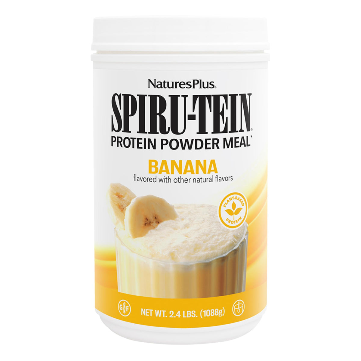 NaturesPlus envase frontal de SPIRU-TEIN Banana mostrando beneficio proteico