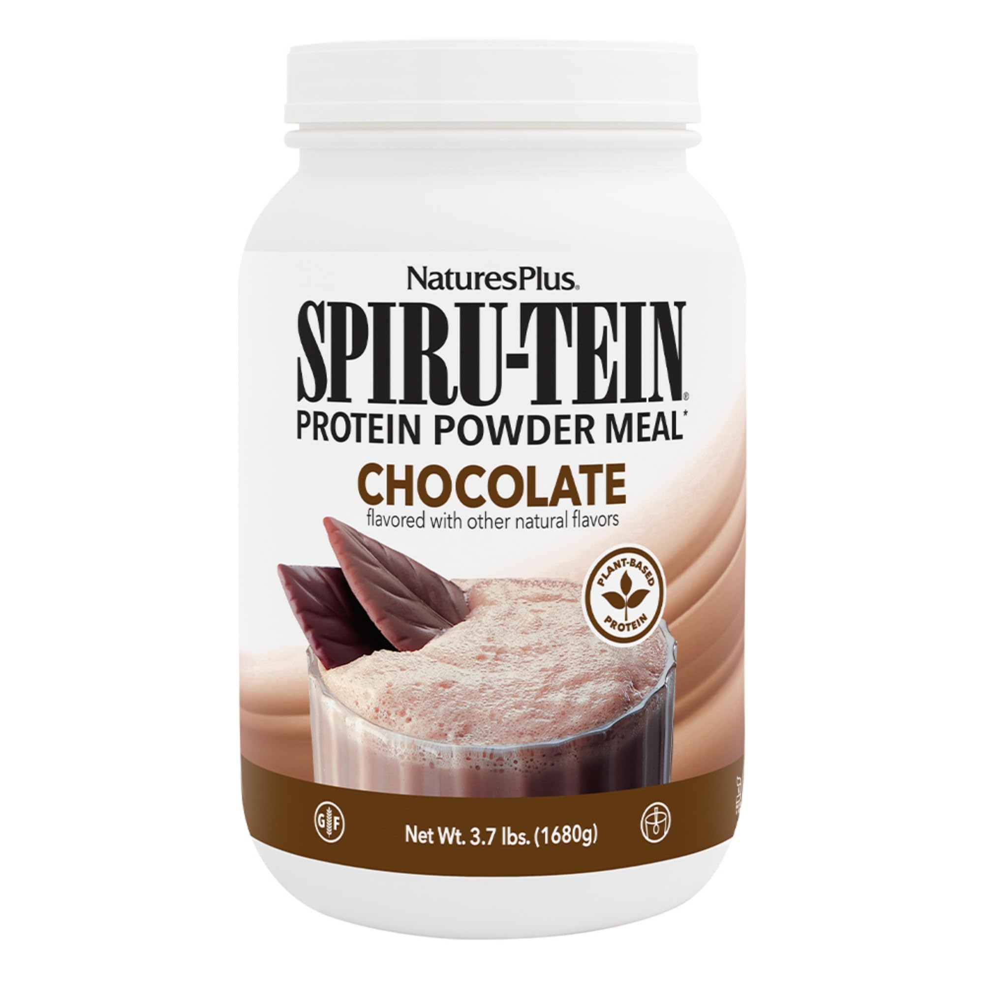 NaturesPlus SPIRU-TEIN frente del envase mostrando tamaño y branding, conveniencia de 60 porciones