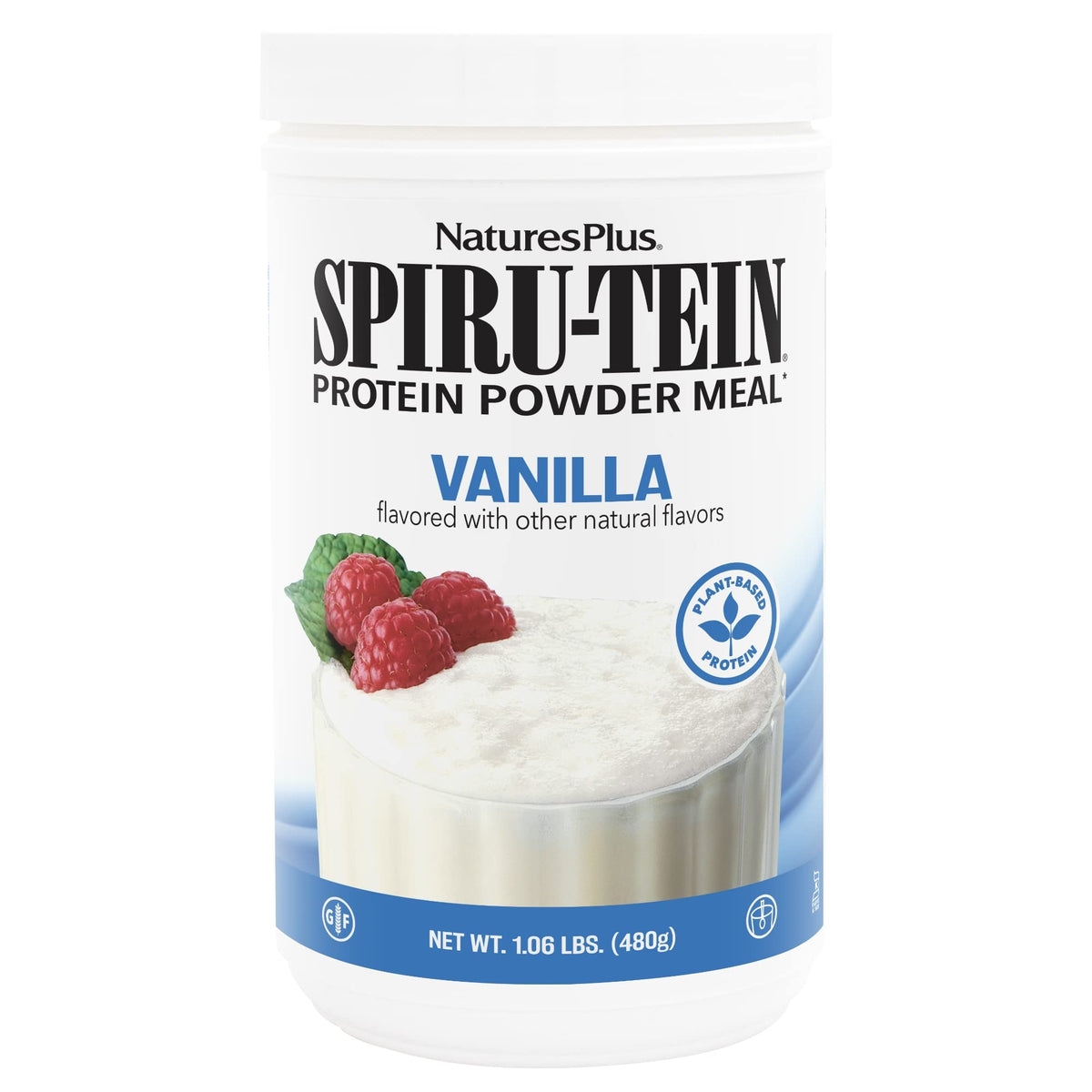 NaturesPlus envase SPIRU-TEIN vainilla mostrando presentación y beneficios energéticos