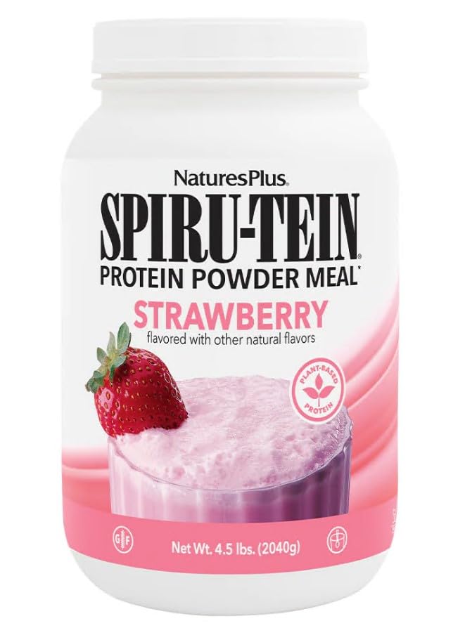 NaturesPlus envase frontal de SPIRU-TEIN fresa con detalles de etiqueta y beneficio práctico
