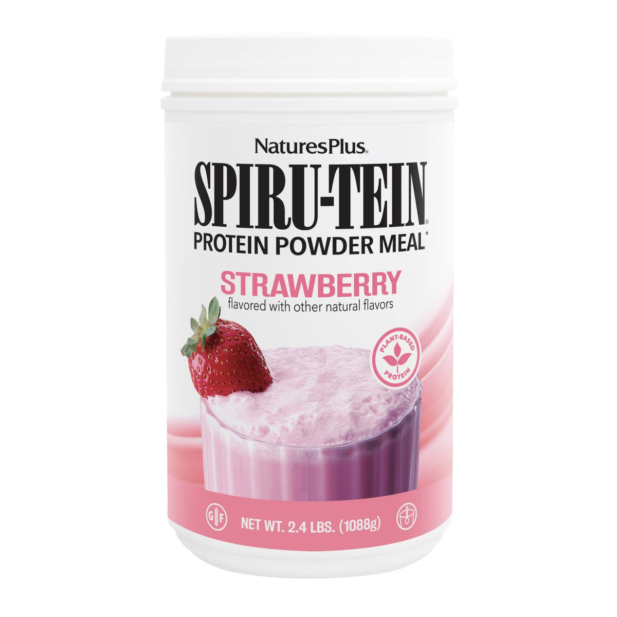 NaturesPlus SPIRU-TEIN frontal del envase mostrando la etiqueta y beneficio proteico