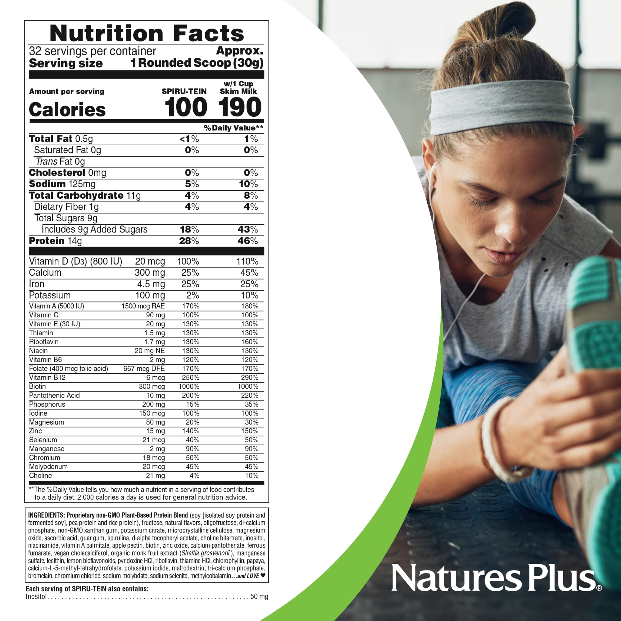 NaturesPlus ingredientes: spirulina, guisante y arroz, mezcla vegetal equilibrada