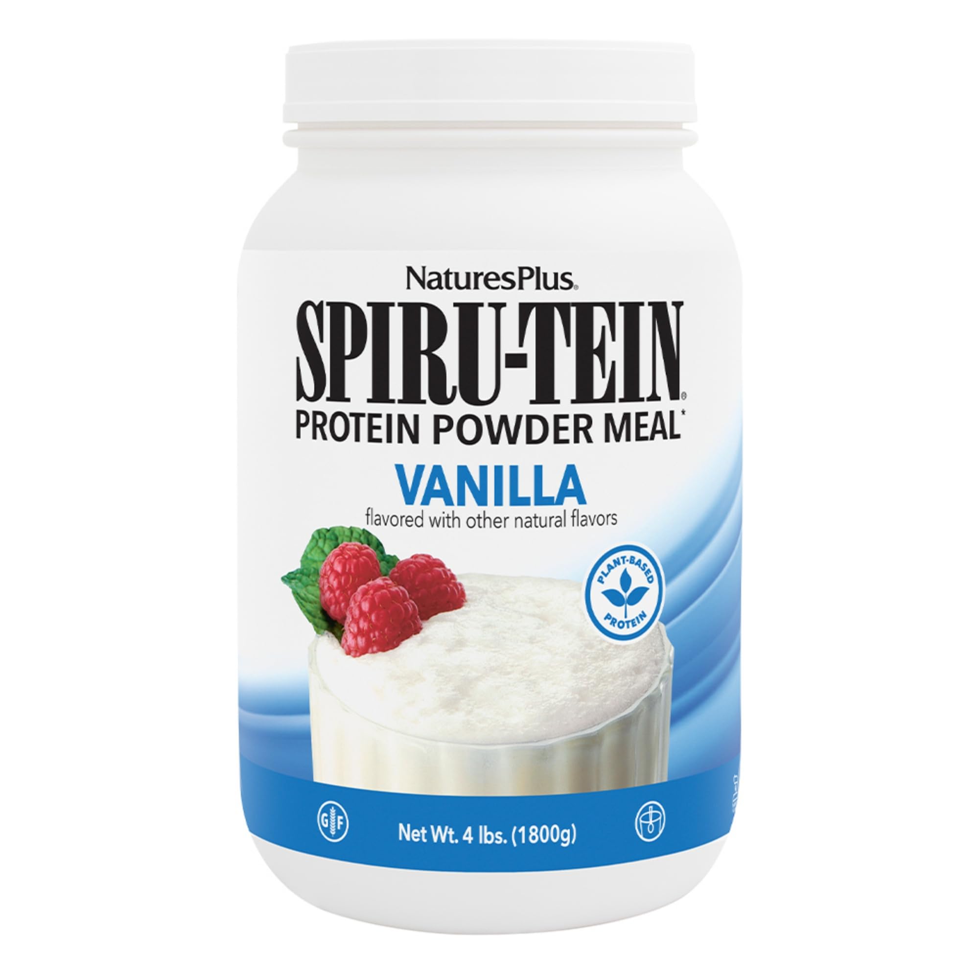 NaturesPlus SPIRU-TEIN envase frontal mostrando dosis y beneficio nutritivo