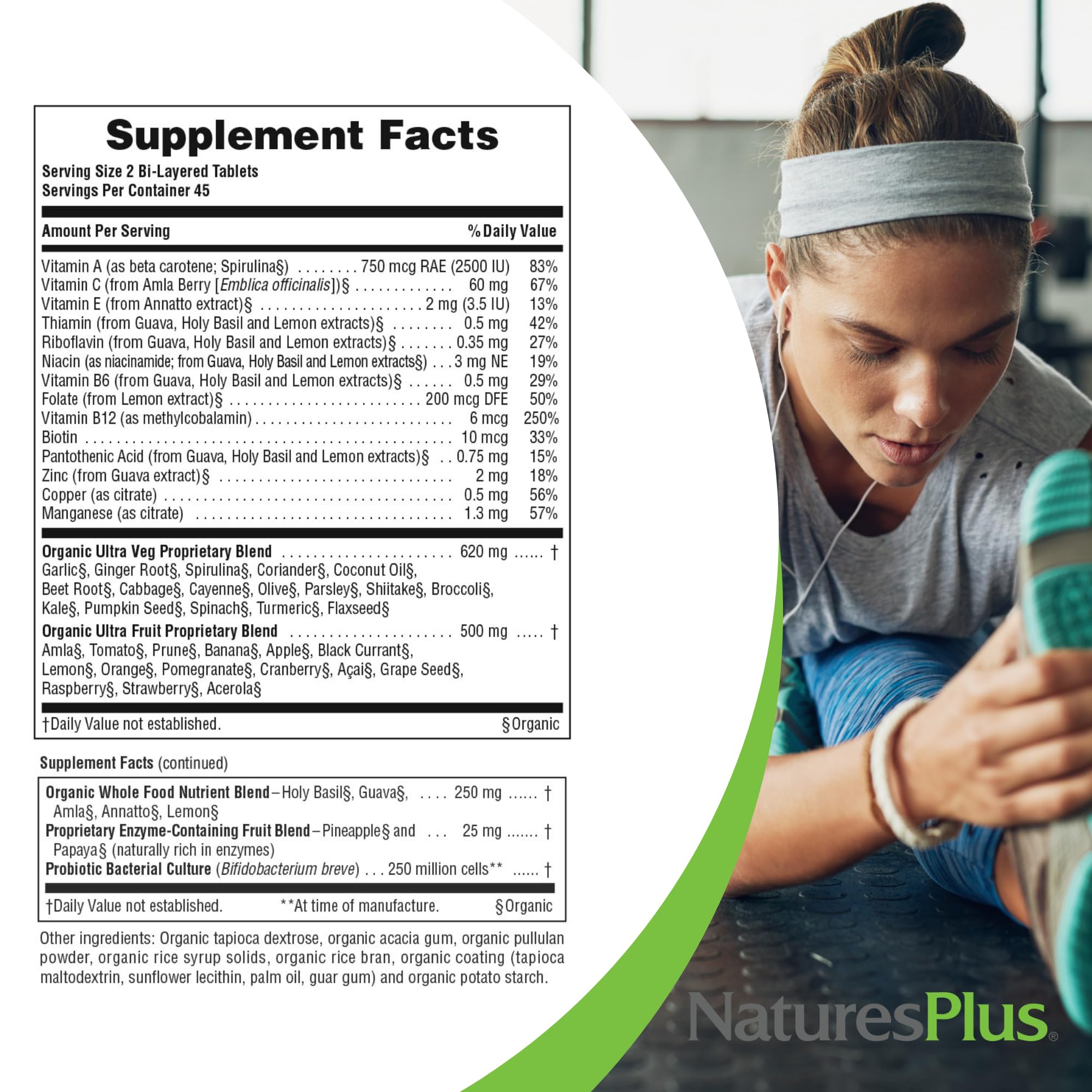 NaturesPlus ingredientes frescos como spirulina, manzana y brócoli beneficiando nutrición