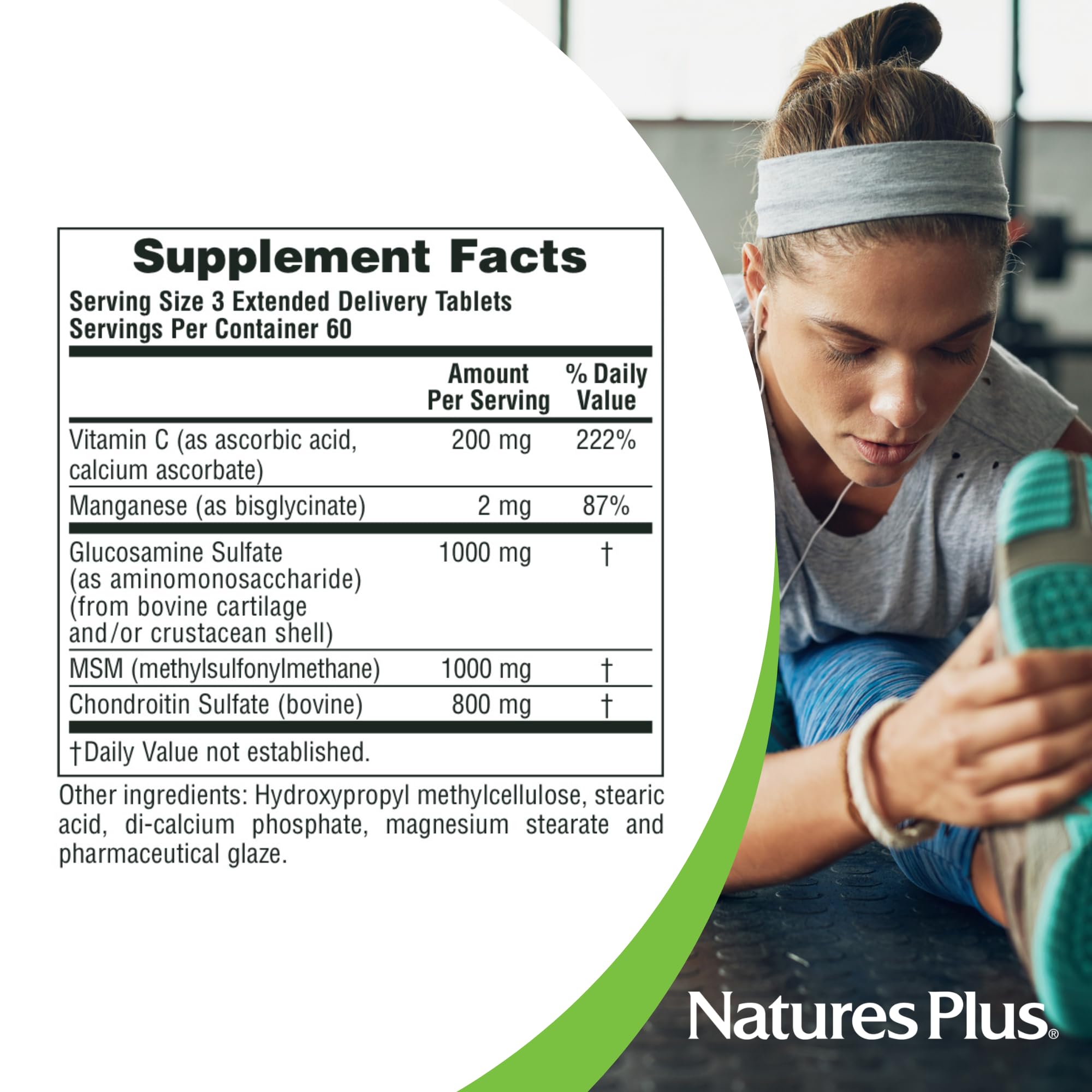 Comparación de tamaño Nature's Plus Ultra Rx-Joint con moneda, escala y dosificación visual