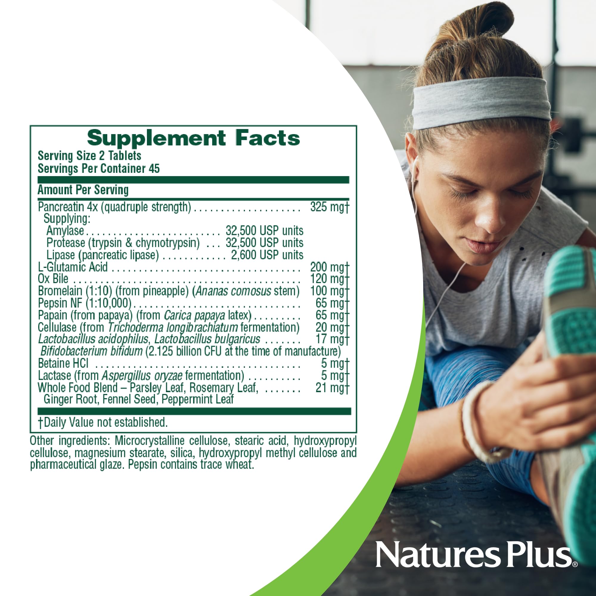 NaturesPlus Ultra-Zyme comparación de tamaño en mano para visualizar porción